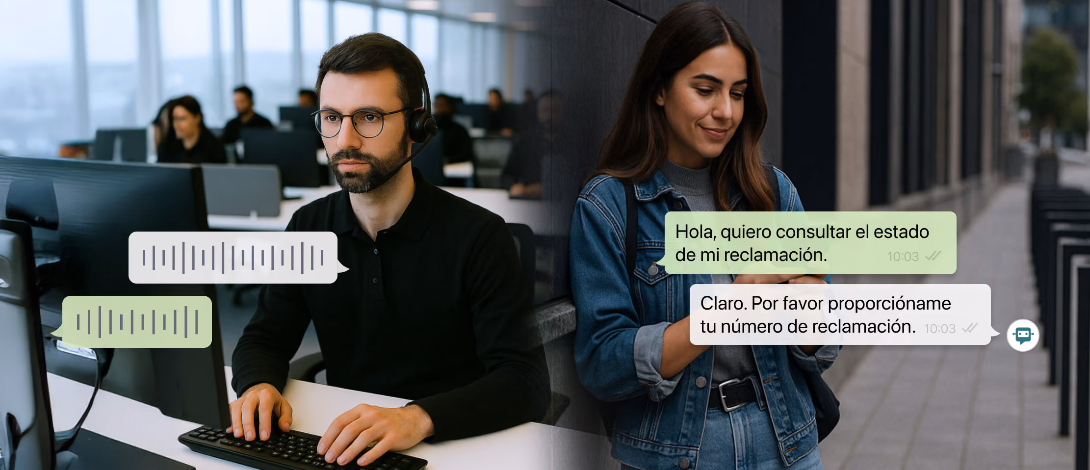 Imagen dividida que muestra una interacción de servicio al cliente. A la izquierda, un hombre con auriculares en un call center tecleando en un ordenador. A la derecha, una mujer en la calle envía un mensaje por WhatsApp: 'Hola, me gustaría consultar el estado de mi reclamación.' El asistente responde: 'Claro, por favor indícanos tu número de reclamación.'