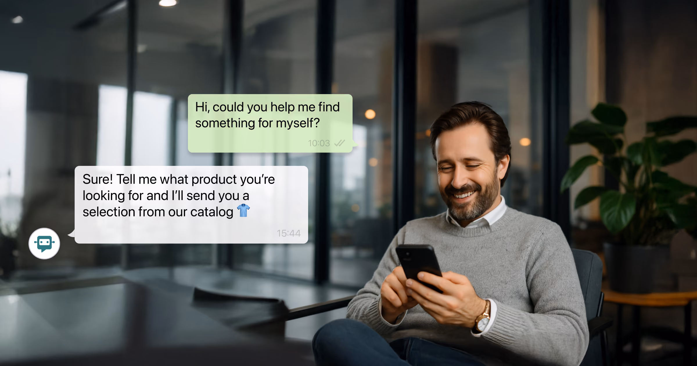 Man smiling while looking at his phone in an office. On screen, WhatsApp chat shows user asking for product help and the virtual assistant replying: 'Tell me what product you’re looking for and I’ll send you a selection from our catalog.