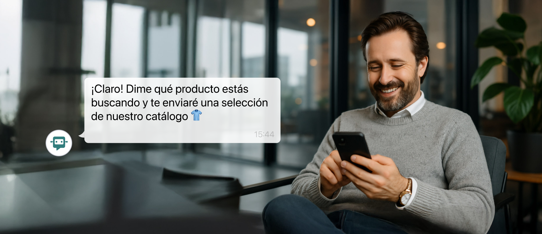 Hombre sonriente mirando su móvil en una oficina. En pantalla, un chat de WhatsApp muestra al usuario pidiendo ayuda para encontrar un producto y el asistente virtual respondiendo: 'Dime qué producto buscas y te enviaré una selección de nuestro catálogo.'