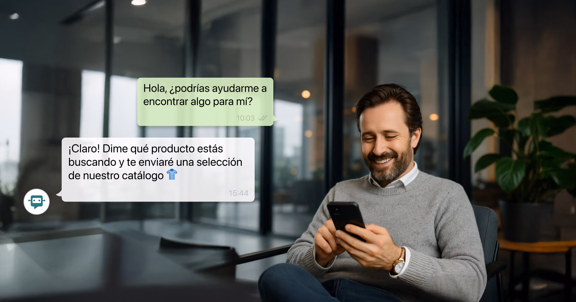 Hombre sonriente mirando su móvil en una oficina. En pantalla, un chat de WhatsApp muestra al usuario pidiendo ayuda para encontrar un producto y el asistente virtual respondiendo: 'Dime qué producto buscas y te enviaré una selección de nuestro catálogo.'