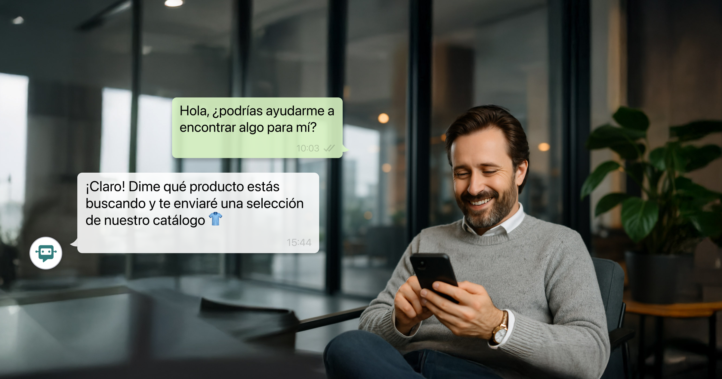 Hombre sonriente mirando su móvil en una oficina. En pantalla, un chat de WhatsApp muestra al usuario pidiendo ayuda para encontrar un producto y el asistente virtual respondiendo: 'Dime qué producto buscas y te enviaré una selección de nuestro catálogo.'