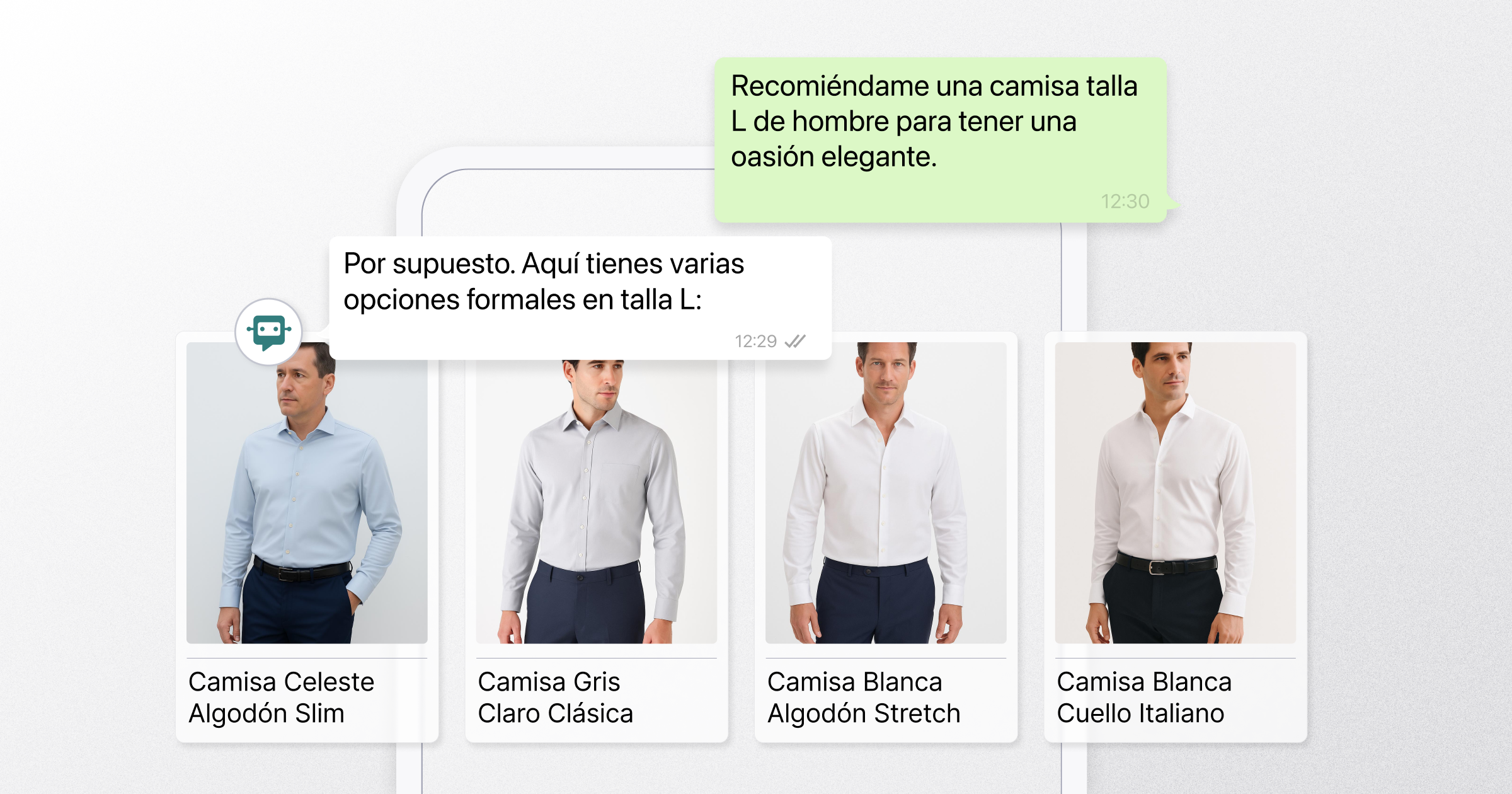 Conversación en WhatsApp en la que un usuario solicita una camisa de hombre talla L para una ocasión formal. El asistente virtual responde con cuatro opciones: Camisa Slim de algodón azul claro, Camisa clásica gris claro, Camisa blanca de algodón elástico y Camisa blanca con cuello italiano, cada una mostrada con imagen de producto.