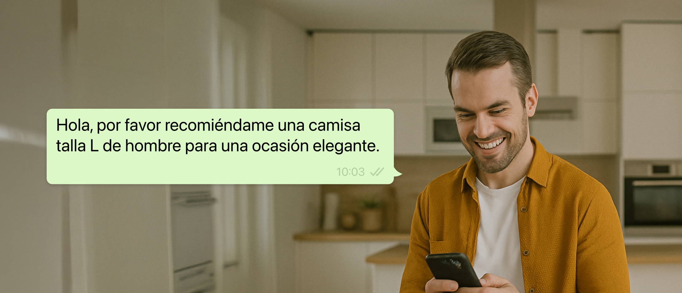 Hombre sonriendo mientras mira su móvil en una cocina. En el chat de WhatsApp pide una recomendación de camisa talla L para una ocasión elegante. El asistente responde mostrando opciones de camisas elegantes por menos de 75 €.