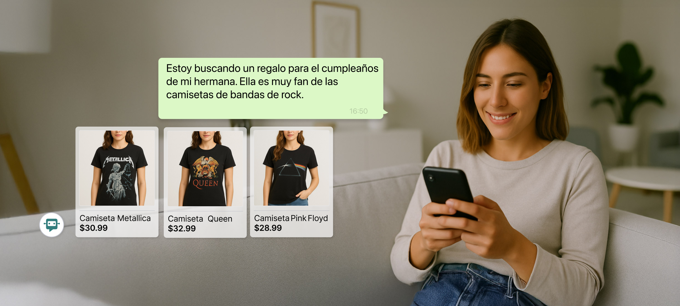 Mujer sonriente usando su móvil mientras el asistente de WhatsApp sugiere camisetas de bandas de rock como regalo de cumpleaños. Se muestran productos: Camiseta Metallica ($30.99), Camiseta Queen ($32.99) y Camiseta Pink Floyd ($28.99).