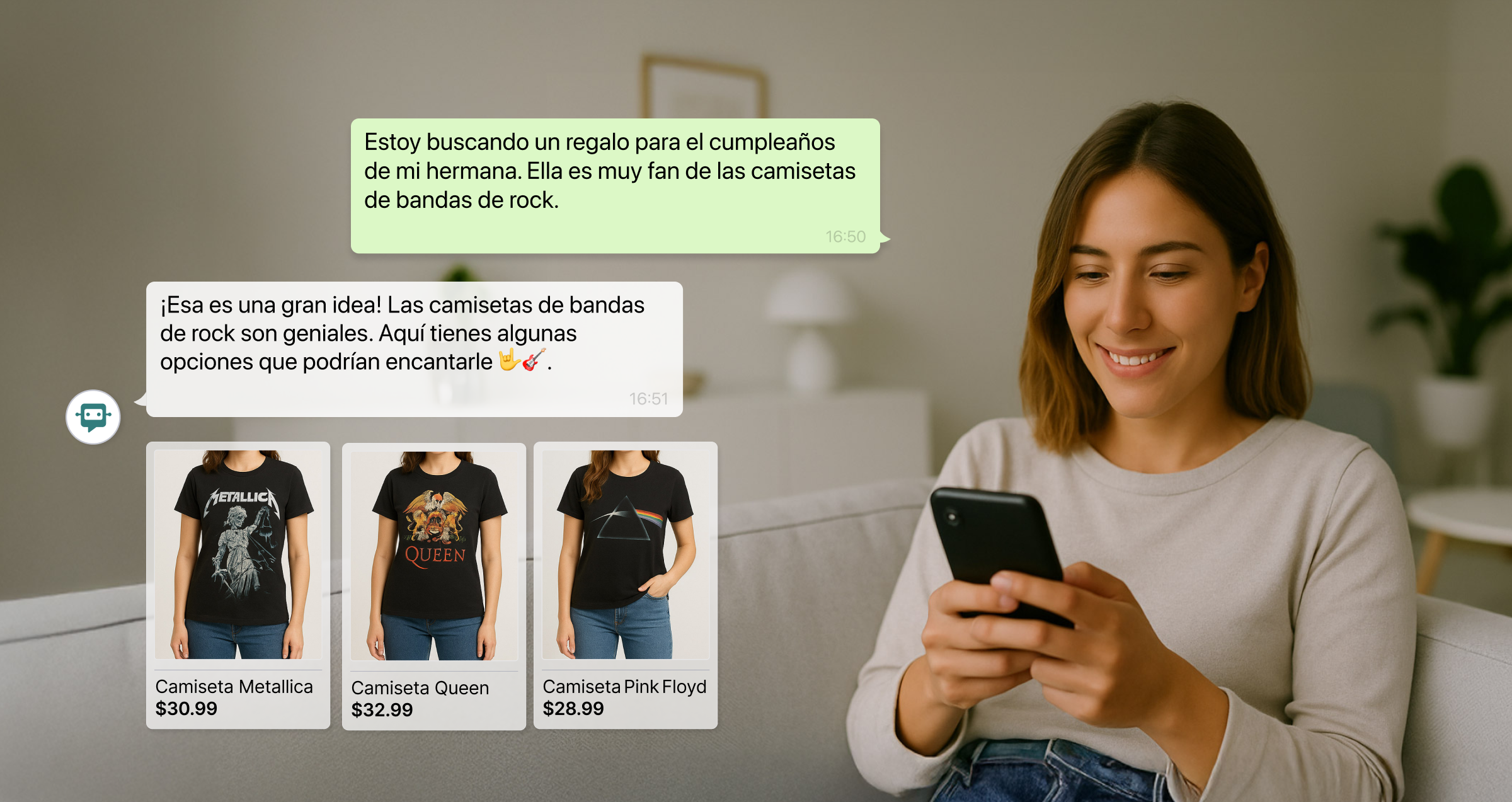 Mujer sonriente usando su móvil mientras el asistente de WhatsApp sugiere camisetas de bandas de rock como regalo de cumpleaños. Se muestran productos: Camiseta Metallica ($30.99), Camiseta Queen ($32.99) y Camiseta Pink Floyd ($28.99).
