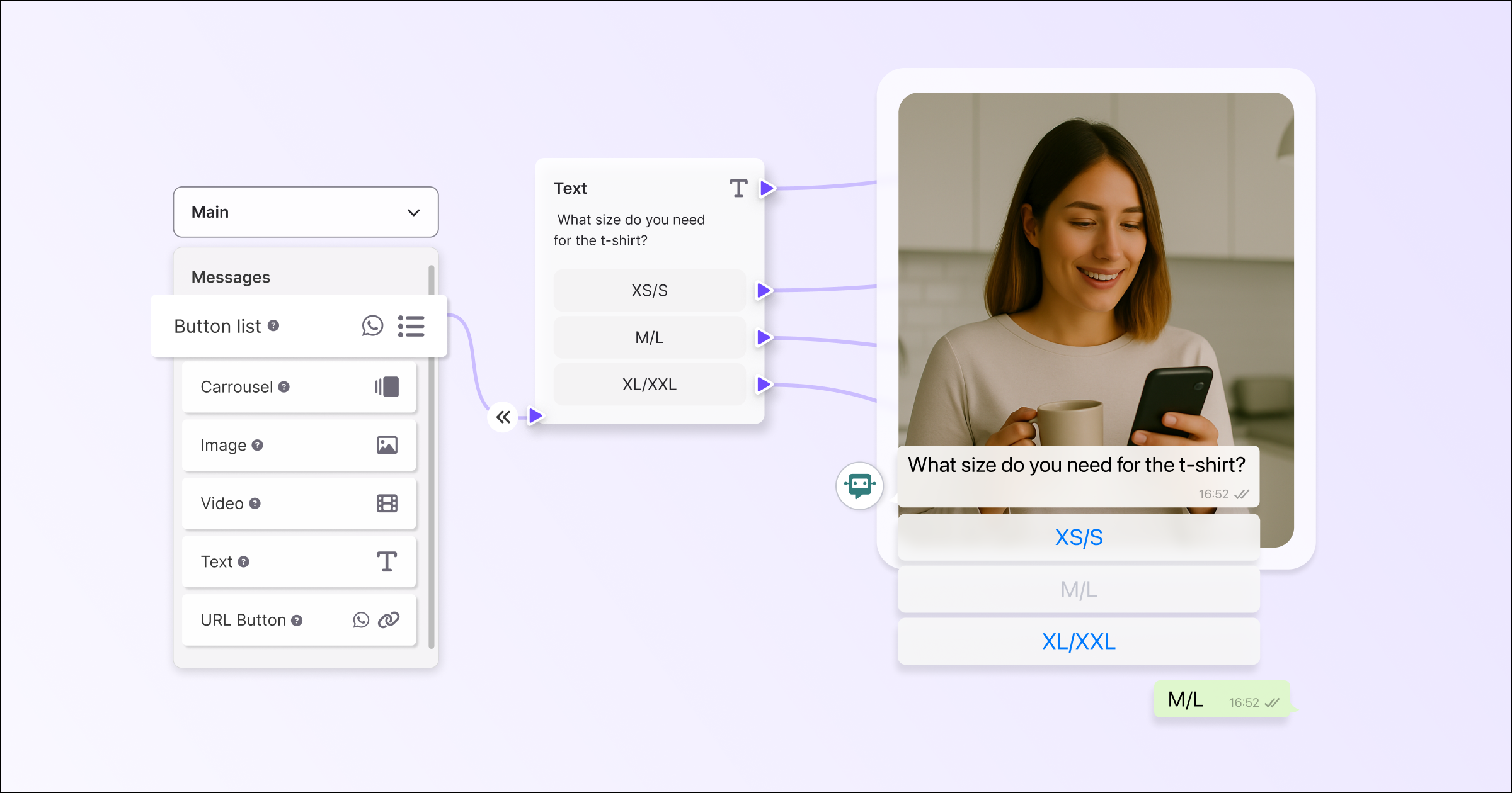 WhatsApp chatbot flow asking 'What size do you need for the t-shirt?' with options XS/S, M/L, XL/XXL. A woman smiles while replying on her phone, selecting M/L.
