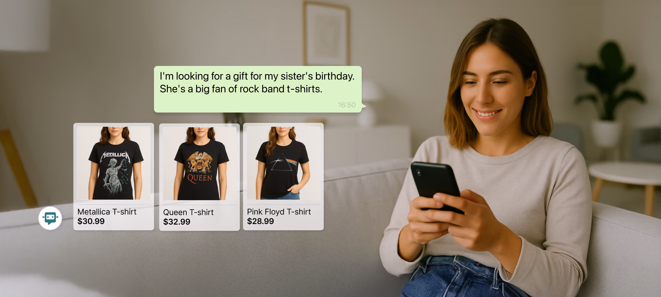 Smiling woman using her phone while WhatsApp assistant suggests rock band T-shirts as a birthday gift. Product cards displayed: Metallica T-shirt ($30.99), Queen T-shirt ($32.99), and Pink Floyd T-shirt ($28.99).