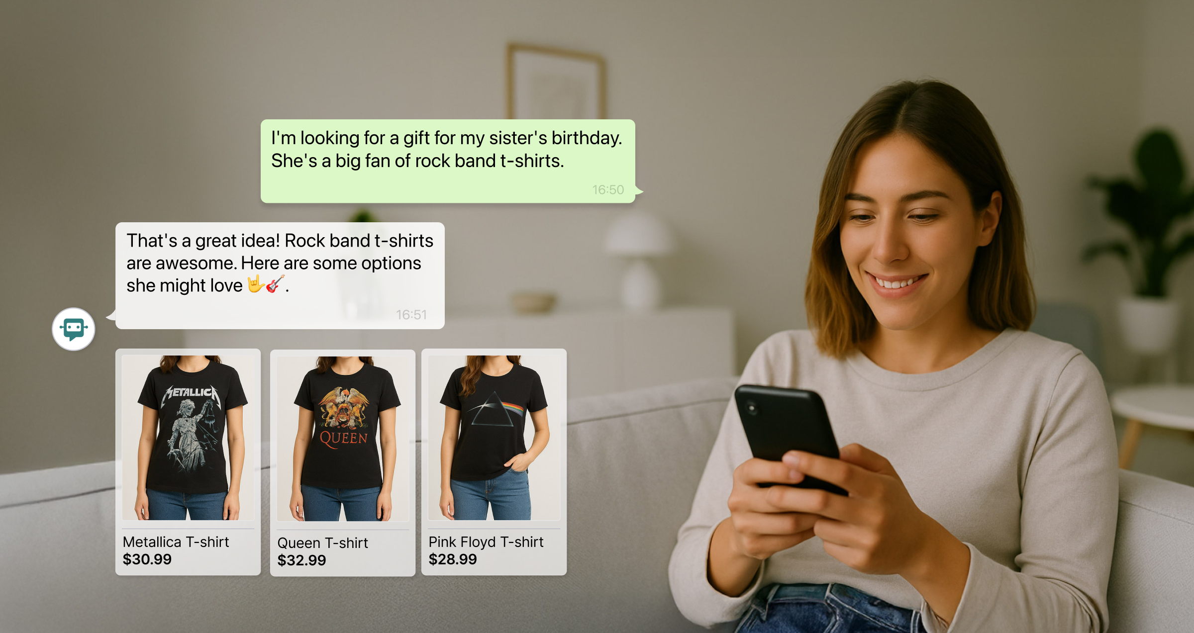 Smiling woman using her phone while WhatsApp assistant suggests rock band T-shirts as a birthday gift. Product cards displayed: Metallica T-shirt ($30.99), Queen T-shirt ($32.99), and Pink Floyd T-shirt ($28.99).