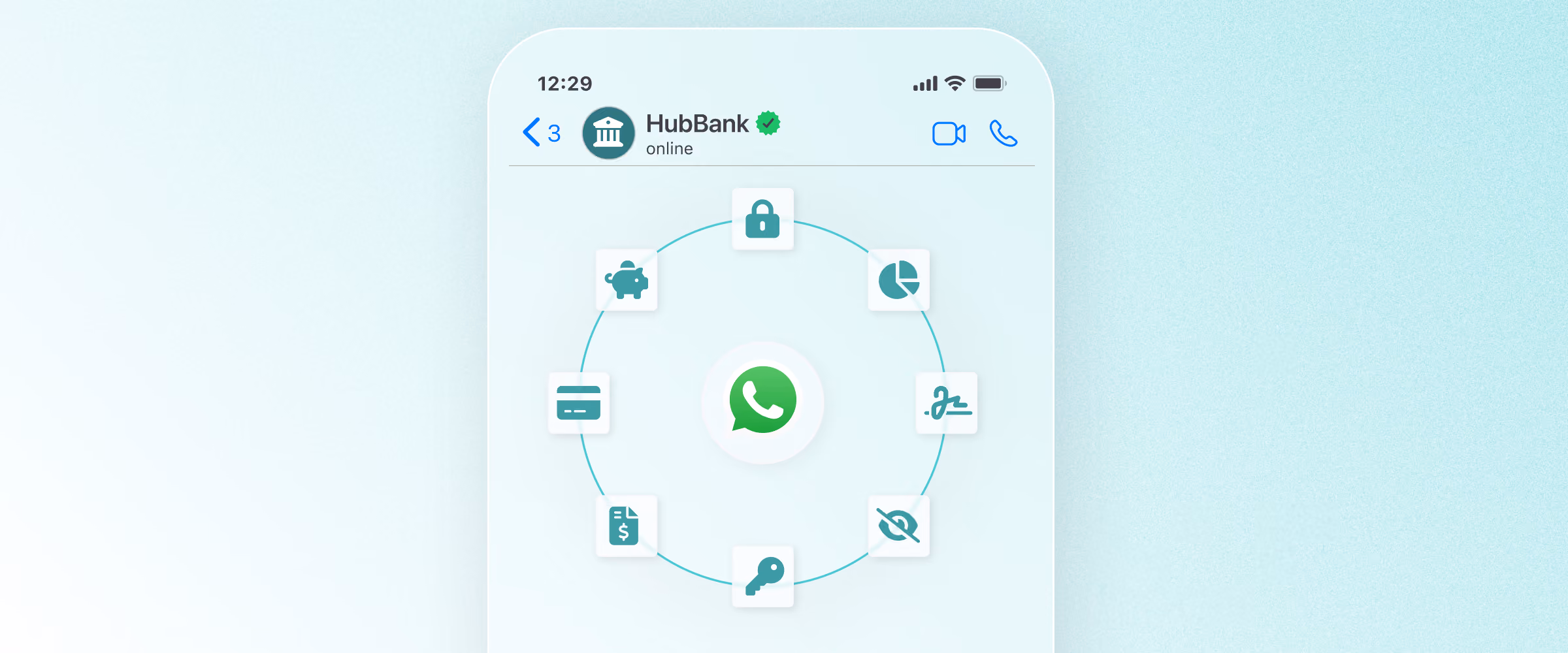WhatsApp chat screen with HubBank, showing the WhatsApp logo at the center surrounded by banking icons such as card, lock, signature, savings, and chart, representing various automated financial services.