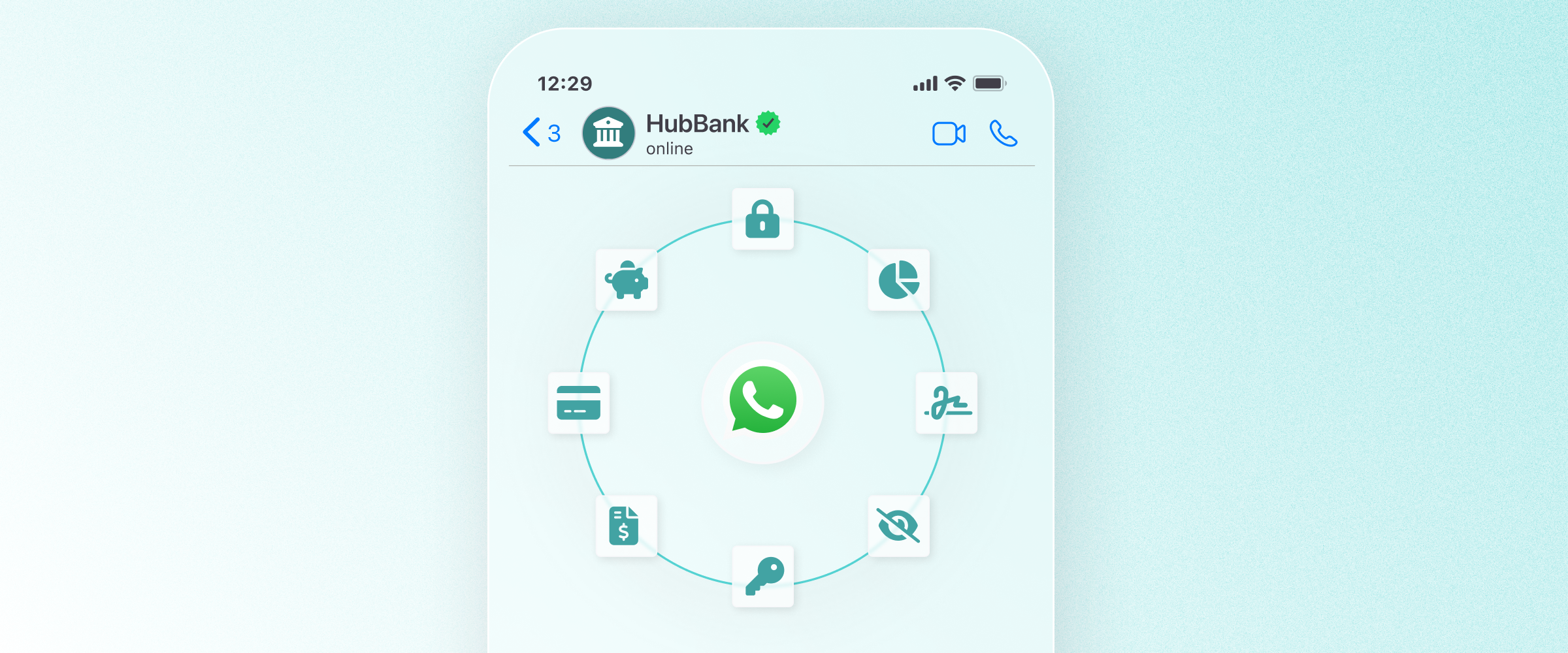 WhatsApp chat screen with HubBank, showing the WhatsApp logo at the center surrounded by banking icons such as card, lock, signature, savings, and chart, representing various automated financial services.