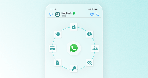 Pantalla de un chat de WhatsApp con HubBank, mostrando el logo de WhatsApp en el centro rodeado por iconos bancarios como tarjeta, candado, firma, ahorro y gráfico, representando distintos servicios financieros automatizados.