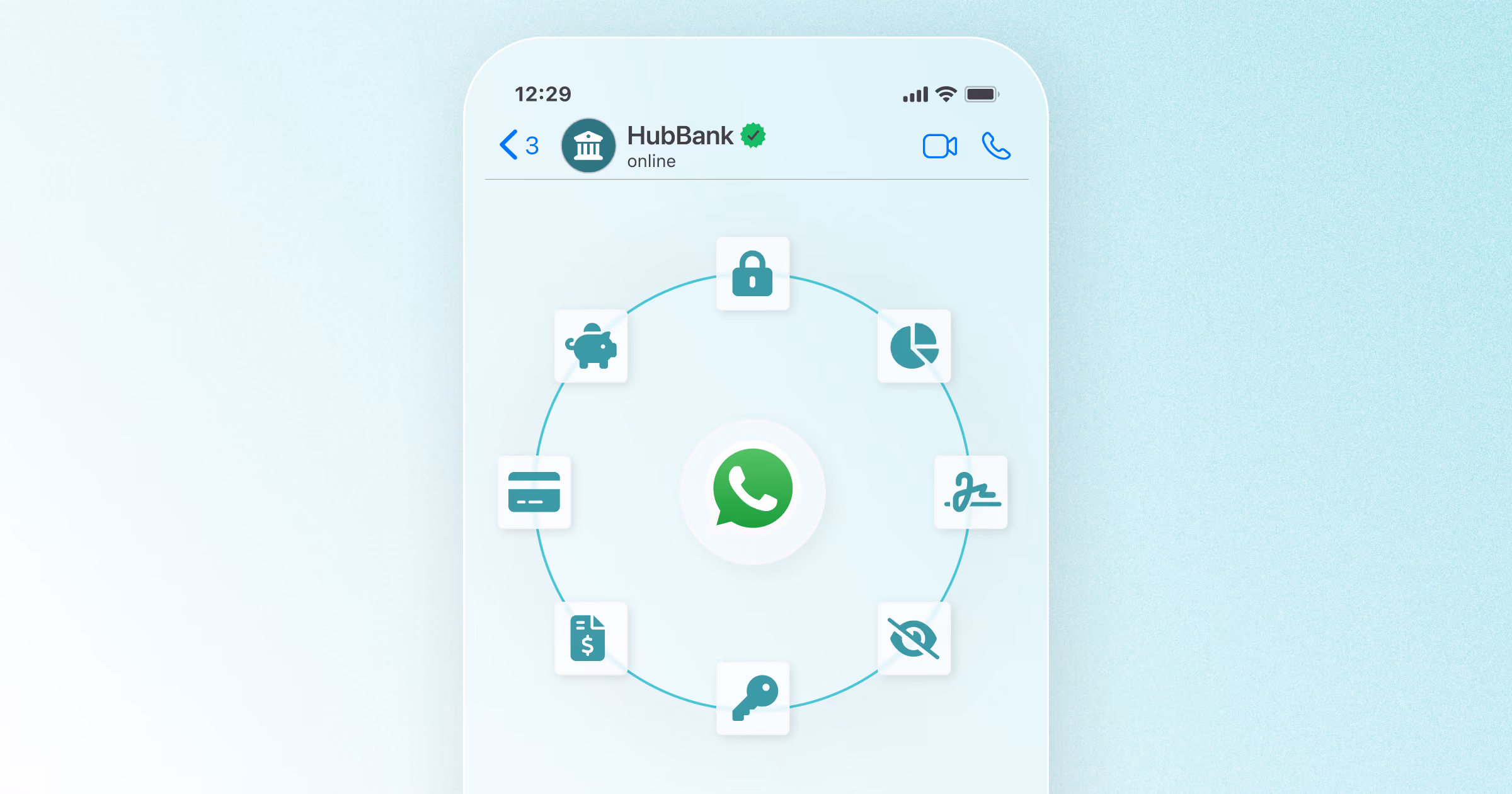 WhatsApp chat screen with HubBank, showing the WhatsApp logo at the center surrounded by banking icons such as card, lock, signature, savings, and chart, representing various automated financial services.