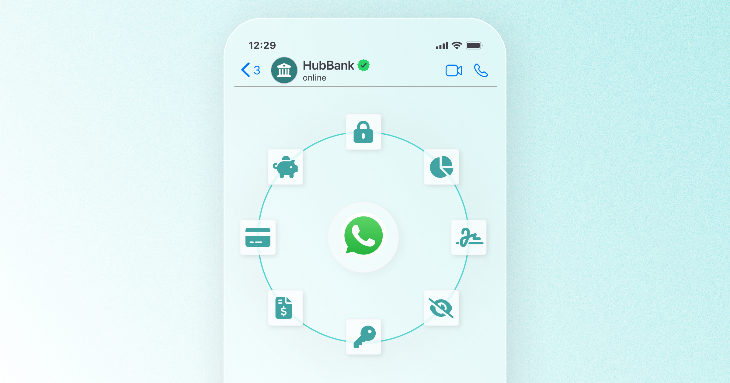 Pantalla de un chat de WhatsApp con HubBank, mostrando el logo de WhatsApp en el centro rodeado por iconos bancarios como tarjeta, candado, firma, ahorro y gráfico, representando distintos servicios financieros automatizados.