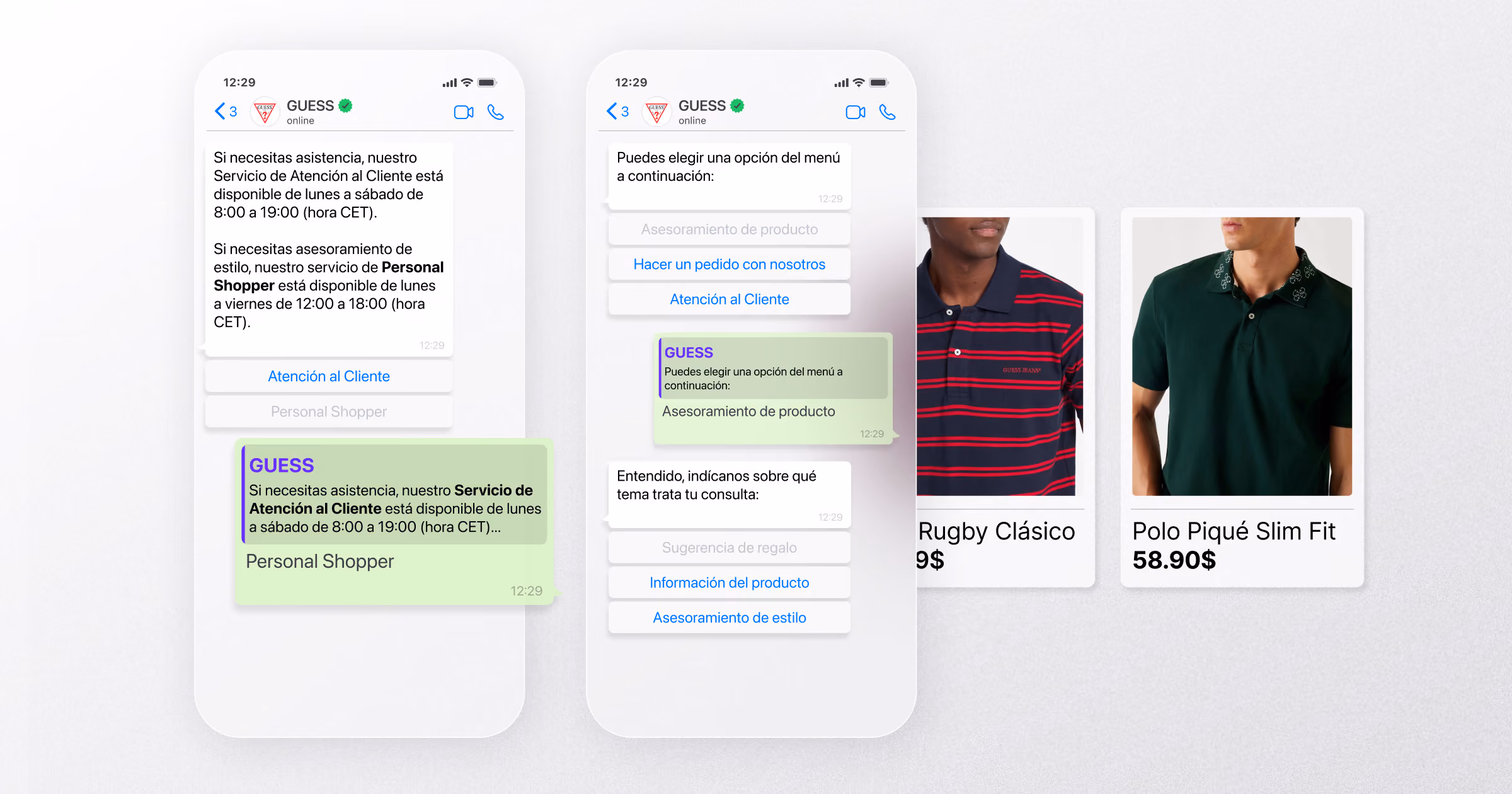 Chat de WhatsApp con el asistente de GUESS que ofrece opciones como Atención al Cliente, Asesoramiento de producto o Personal Shopper. Se muestran ejemplos de polos disponibles con precios.