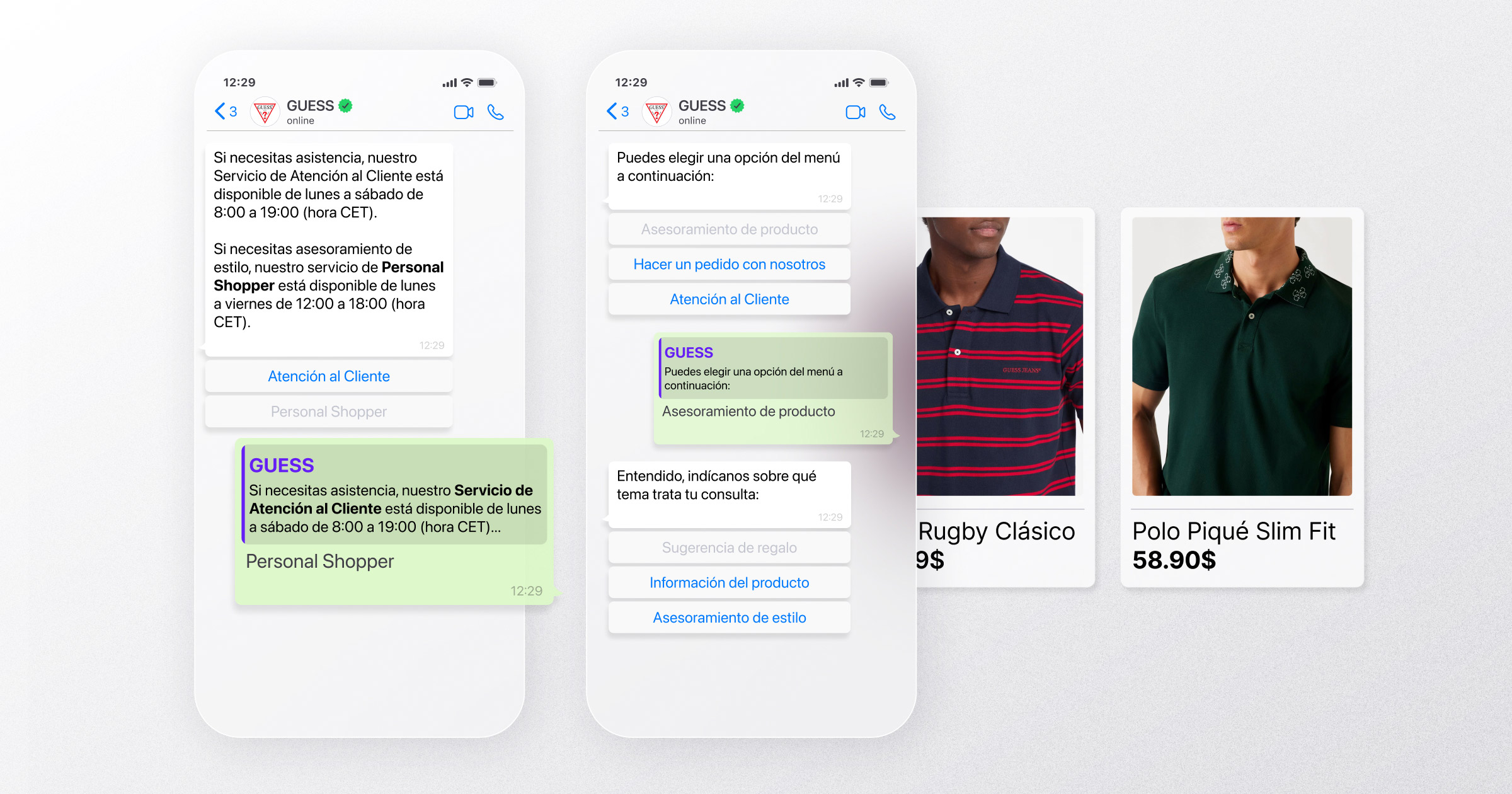 Chat de WhatsApp con el asistente de GUESS que ofrece opciones como Atención al Cliente, Asesoramiento de producto o Personal Shopper. Se muestran ejemplos de polos disponibles con precios.