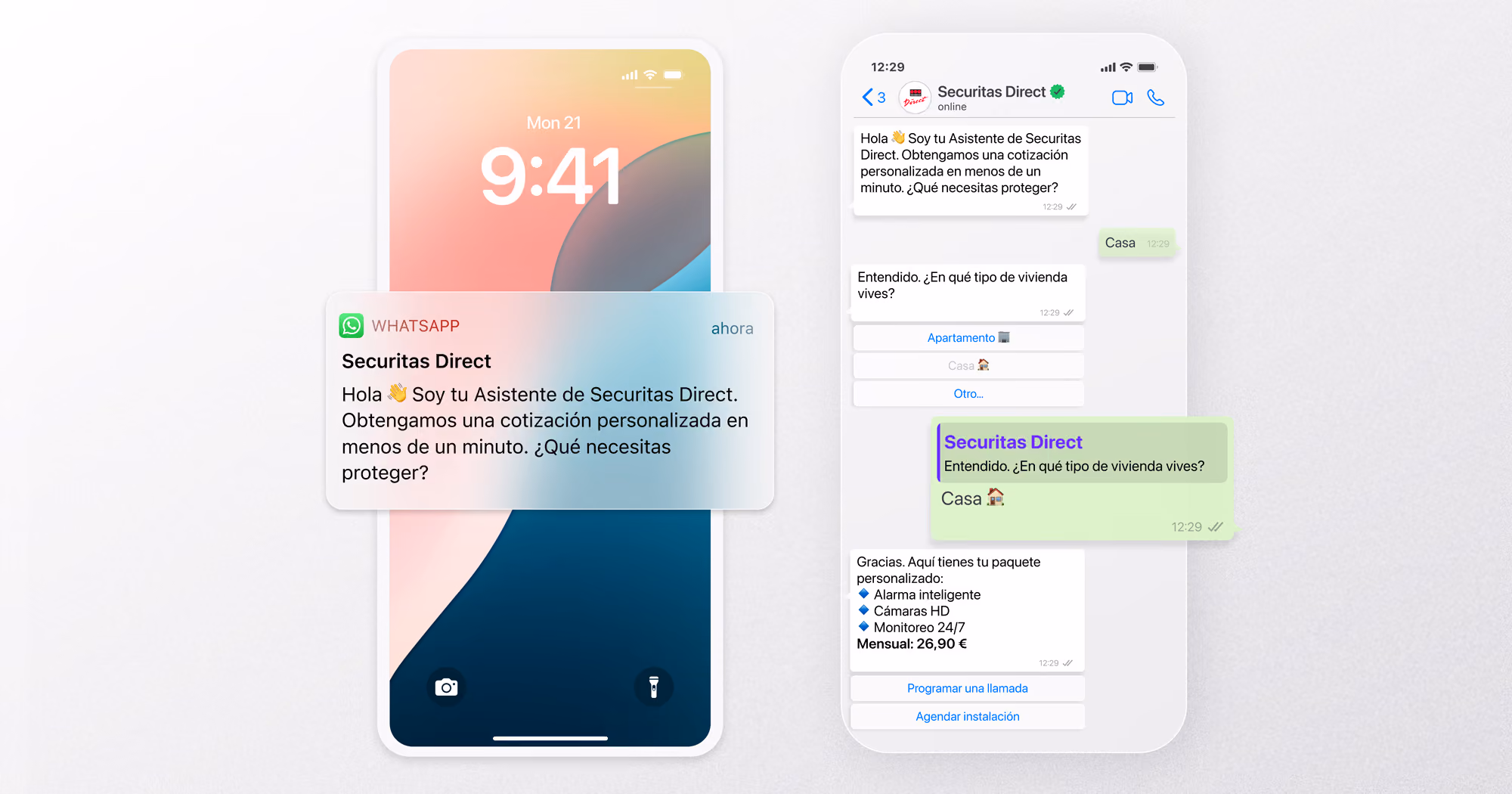 Notificación y chat de WhatsApp de Securitas Direct donde un asistente virtual ofrece una cotización personalizada para proteger una vivienda. El usuario selecciona ‘Casa’ y recibe un paquete con alarma inteligente y monitoreo 24/7.