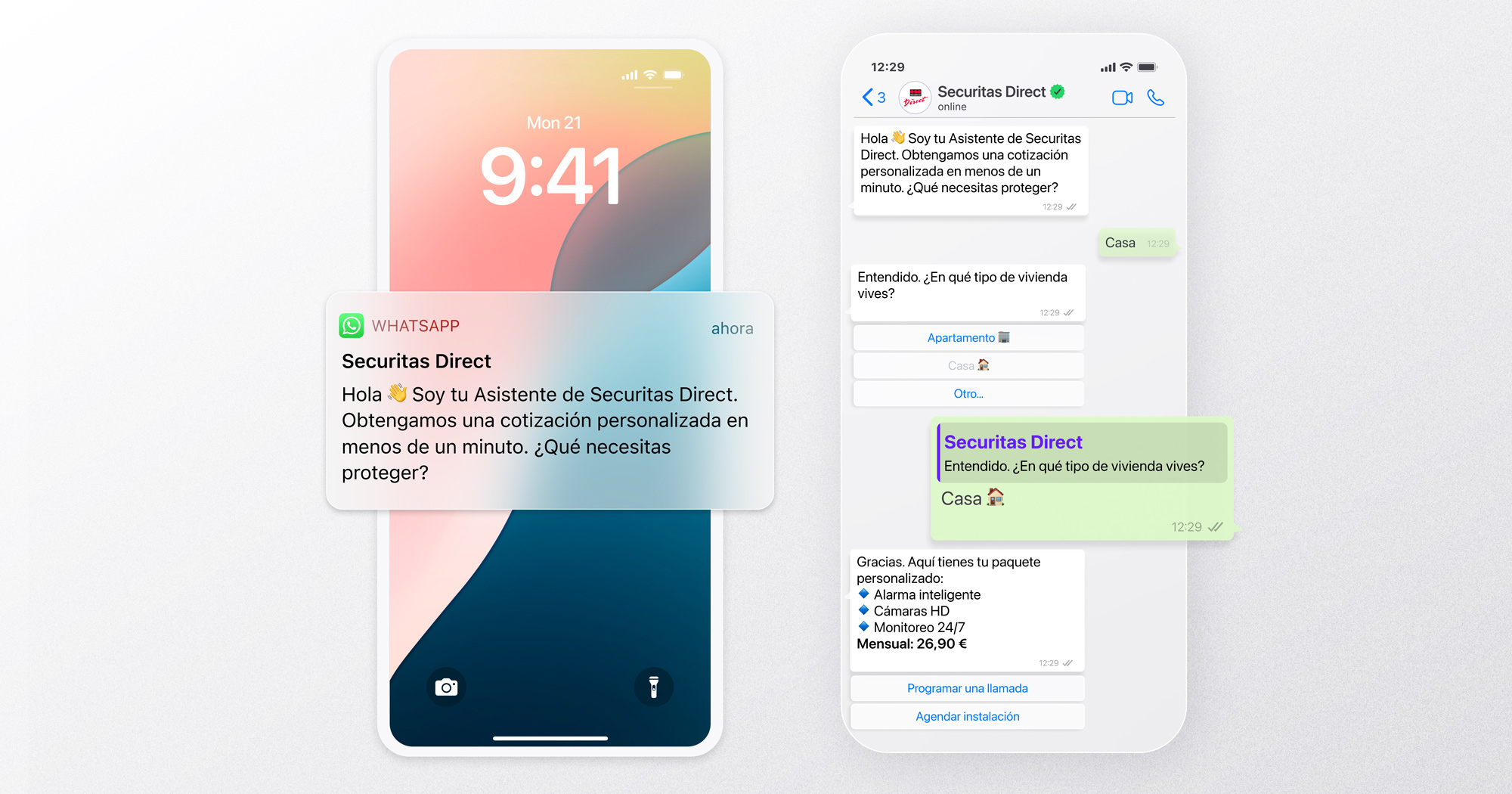 Notificación y chat de WhatsApp de Securitas Direct donde un asistente virtual ofrece una cotización personalizada para proteger una vivienda. El usuario selecciona ‘Casa’ y recibe un paquete con alarma inteligente y monitoreo 24/7.