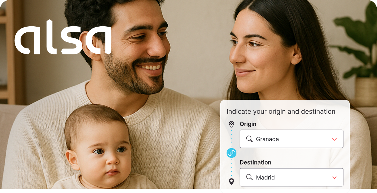 "Family with a baby chatting while sending a WhatsApp message to plan a trip. The screen shows a message asking about available routes and a form with origin Granada and destination Madrid.