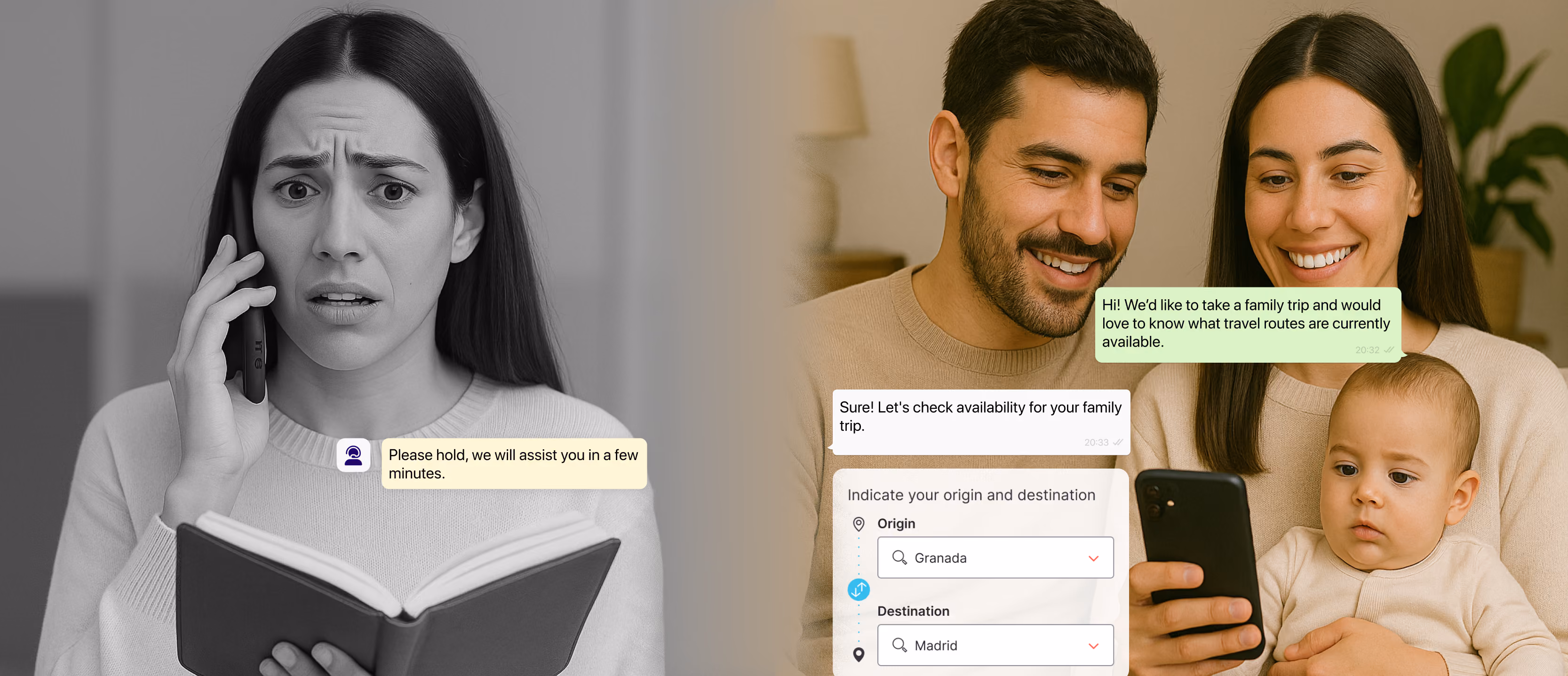 User experience contrast: complex phone booking versus simple webview mobile booking.