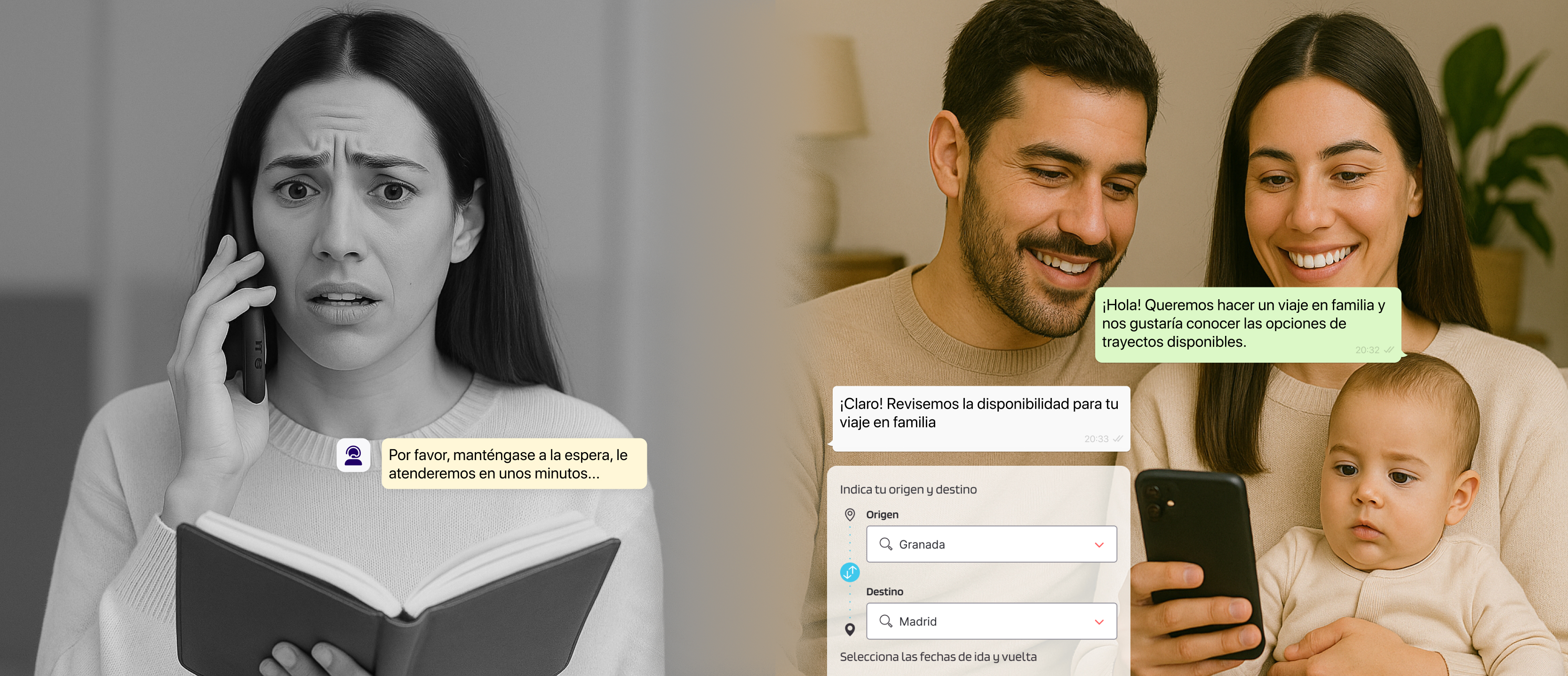Experiencia de usuario: trámite complejo por teléfono frente a reserva sencilla en webview móvil.