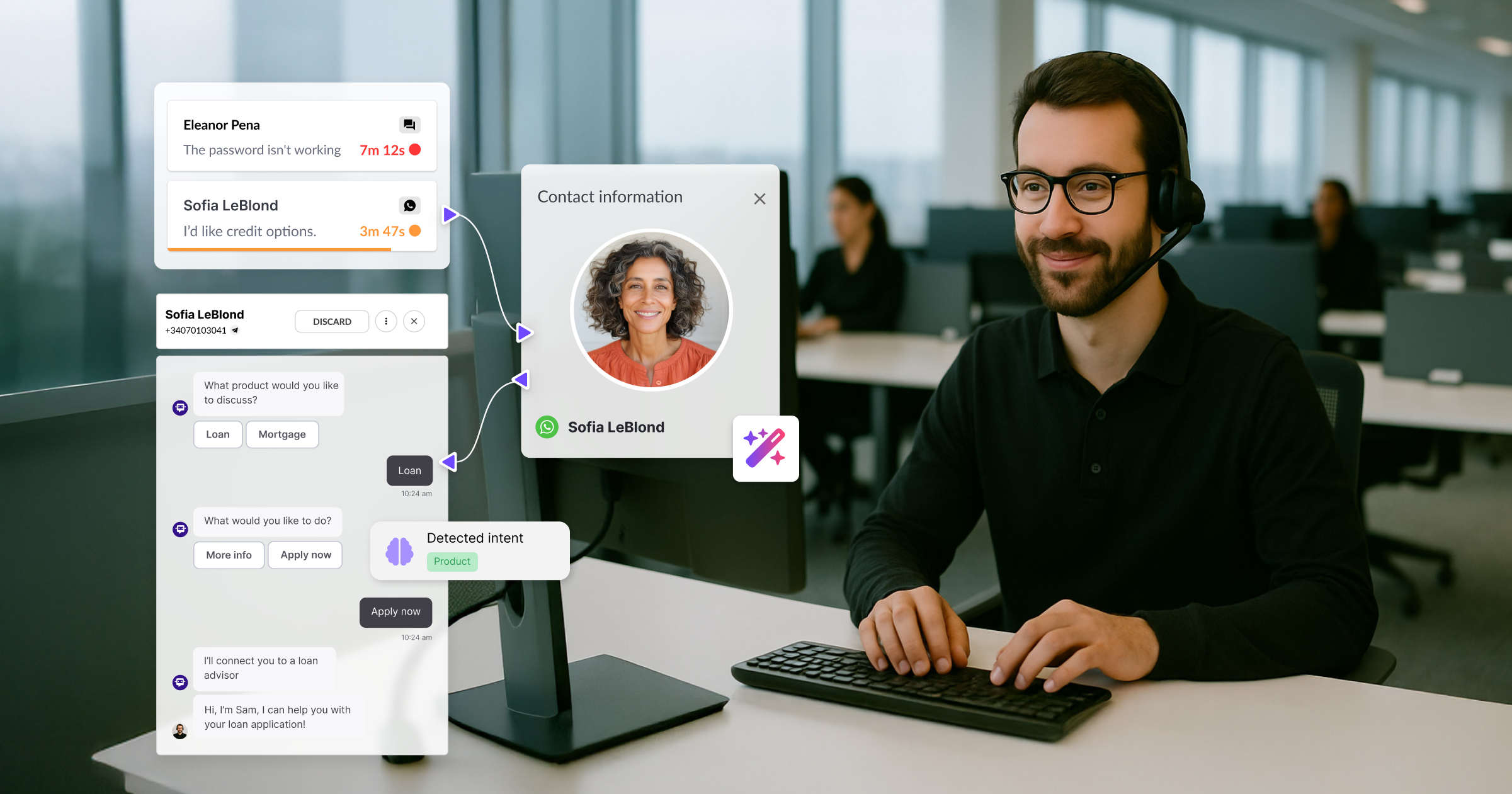 Support agent wearing a headset in an office, while the screen shows automated AI interactions detecting intent and connecting the customer with a human advisor.