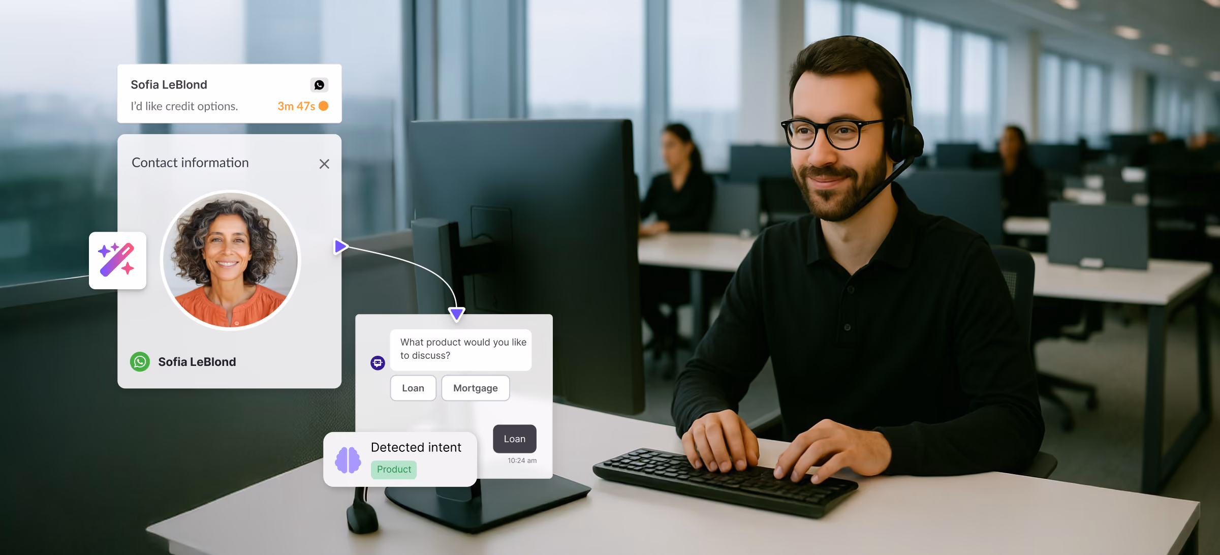 Support agent wearing a headset in an office, while the screen shows automated AI interactions detecting intent and connecting the customer with a human advisor.