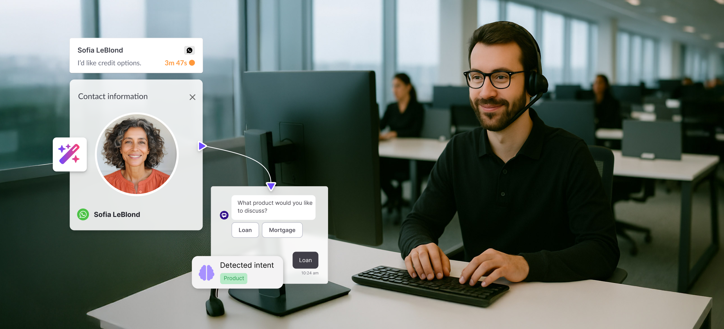 Support agent wearing a headset in an office, while the screen shows automated AI interactions detecting intent and connecting the customer with a human advisor.