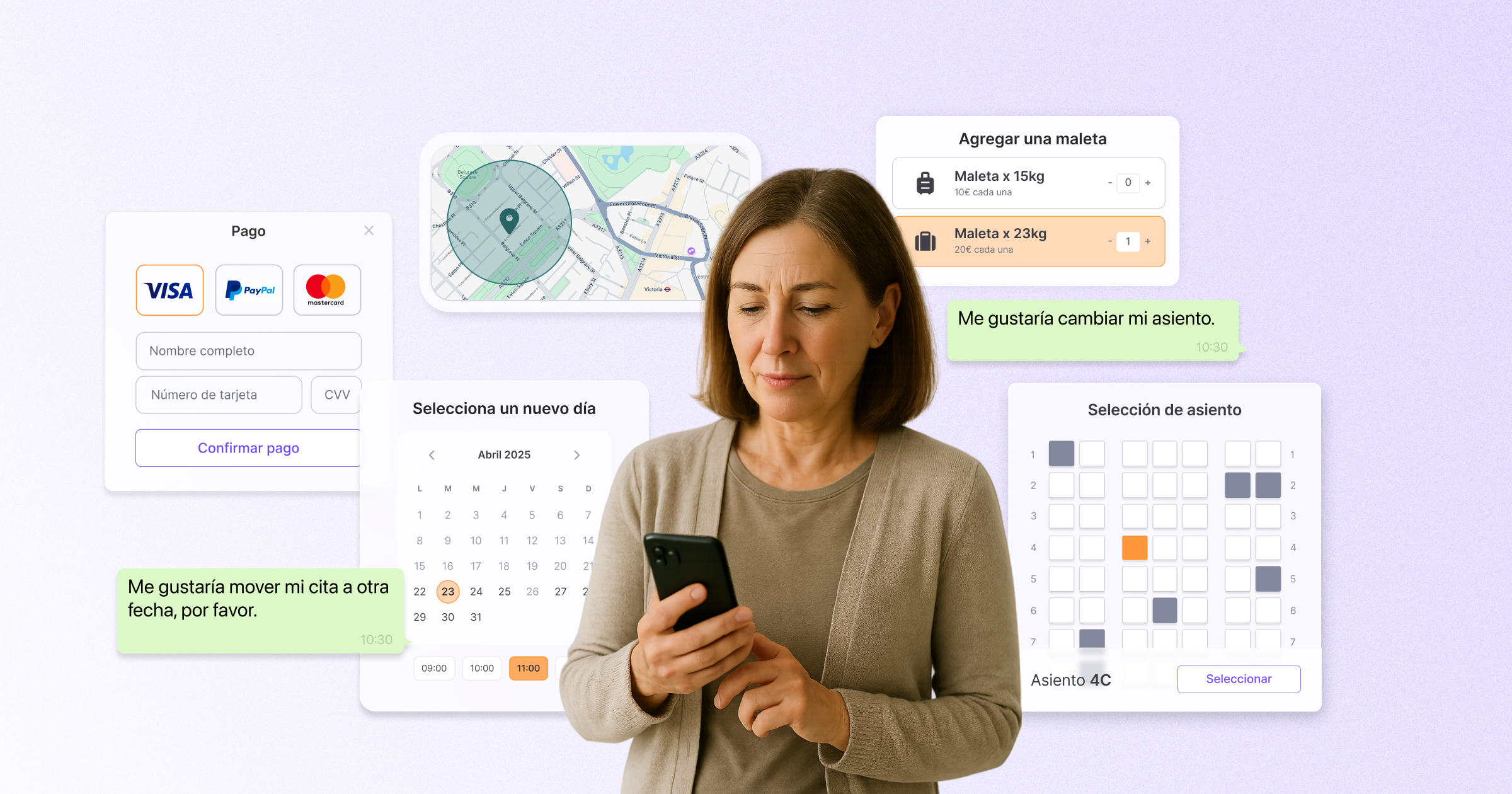 Mujer utilizando su móvil para gestionar tareas como cambiar una cita, seleccionar un asiento o agregar equipaje. Se muestran pantallas de calendario, pago y mapa, representando automatización a través de mensajería.