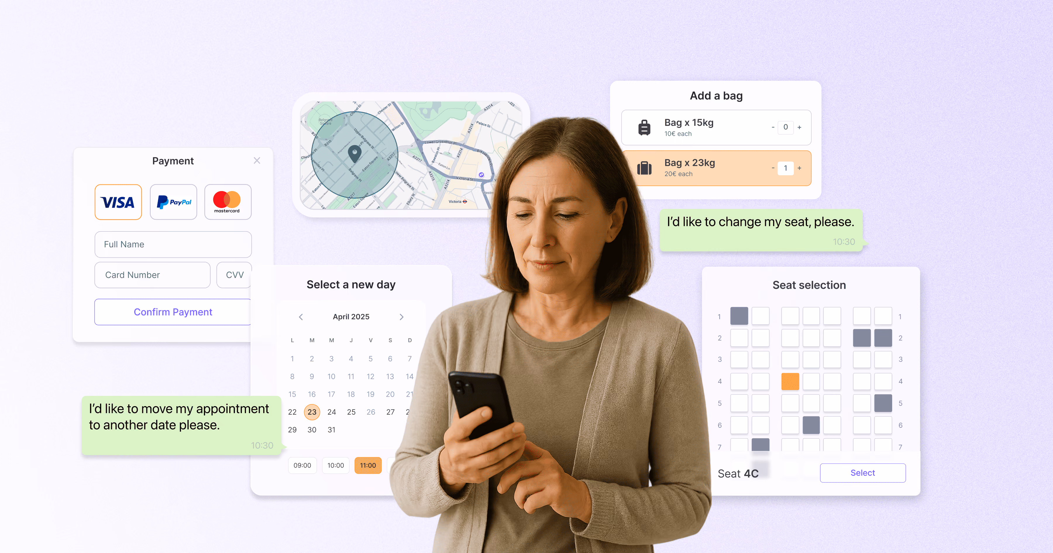 Middle-aged woman using her phone to manage tasks like rescheduling an appointment, selecting a seat, or adding a bag. Screens show calendar, payment, and map interfaces, illustrating automation through messaging.