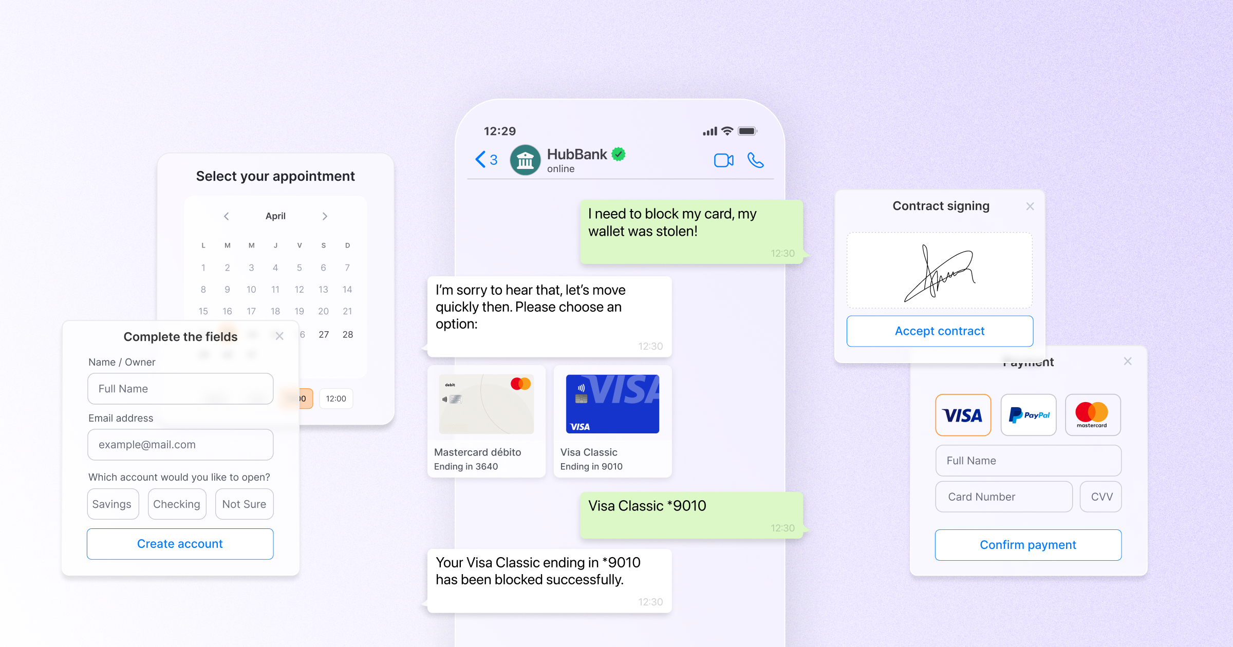 WhatsApp conversation with a bank confirming card blocking, alongside digital interfaces for contract signing, payment, and forms.”