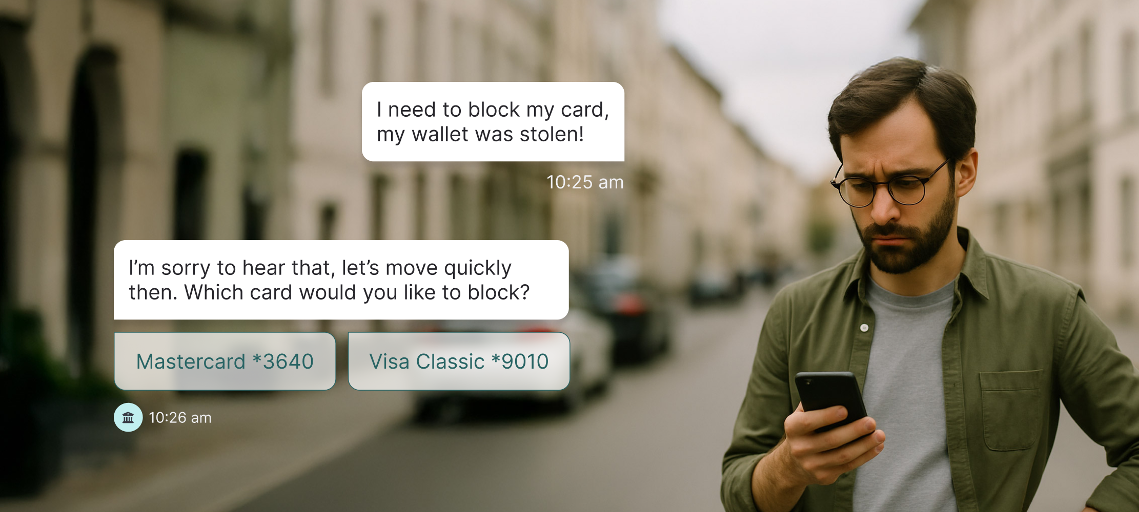 Banking chat interface showing a conversation to block a card and two available card options to choose from.