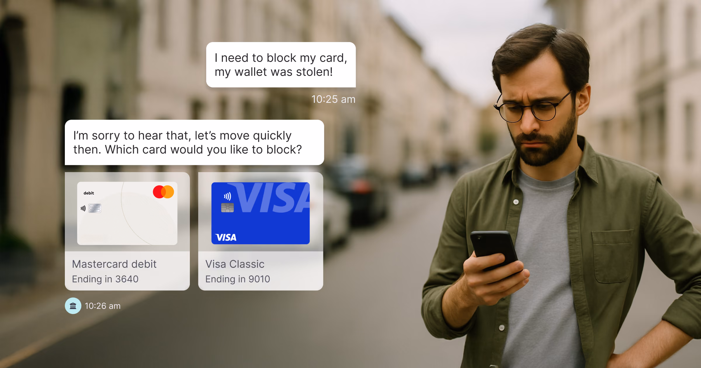 Banking chat interface showing a conversation to block a card and two available card options to choose from.
