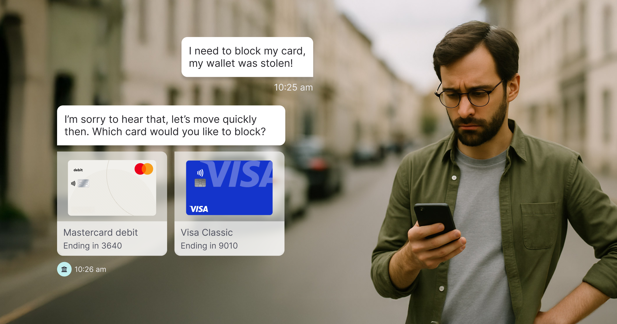 Banking chat interface showing a conversation to block a card and two available card options to choose from.
