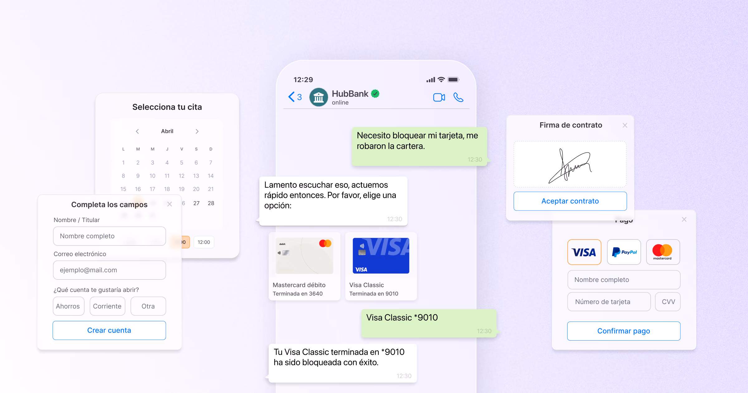 Conversación en WhatsApp con un banco que confirma el bloqueo de una tarjeta, junto a interfaces digitales de firma de contrato, pago y formularios.