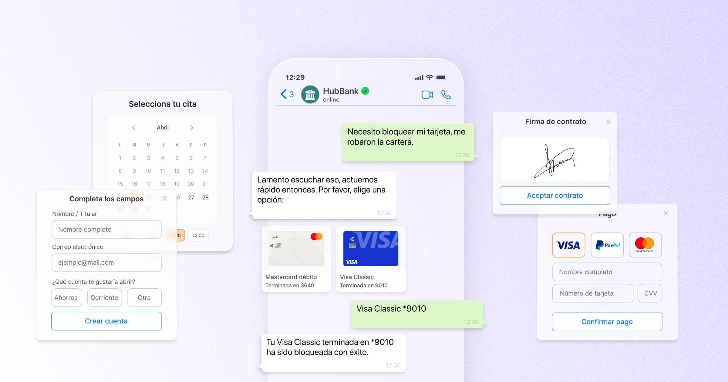 Conversación en WhatsApp con un banco que confirma el bloqueo de una tarjeta, junto a interfaces digitales de firma de contrato, pago y formularios.