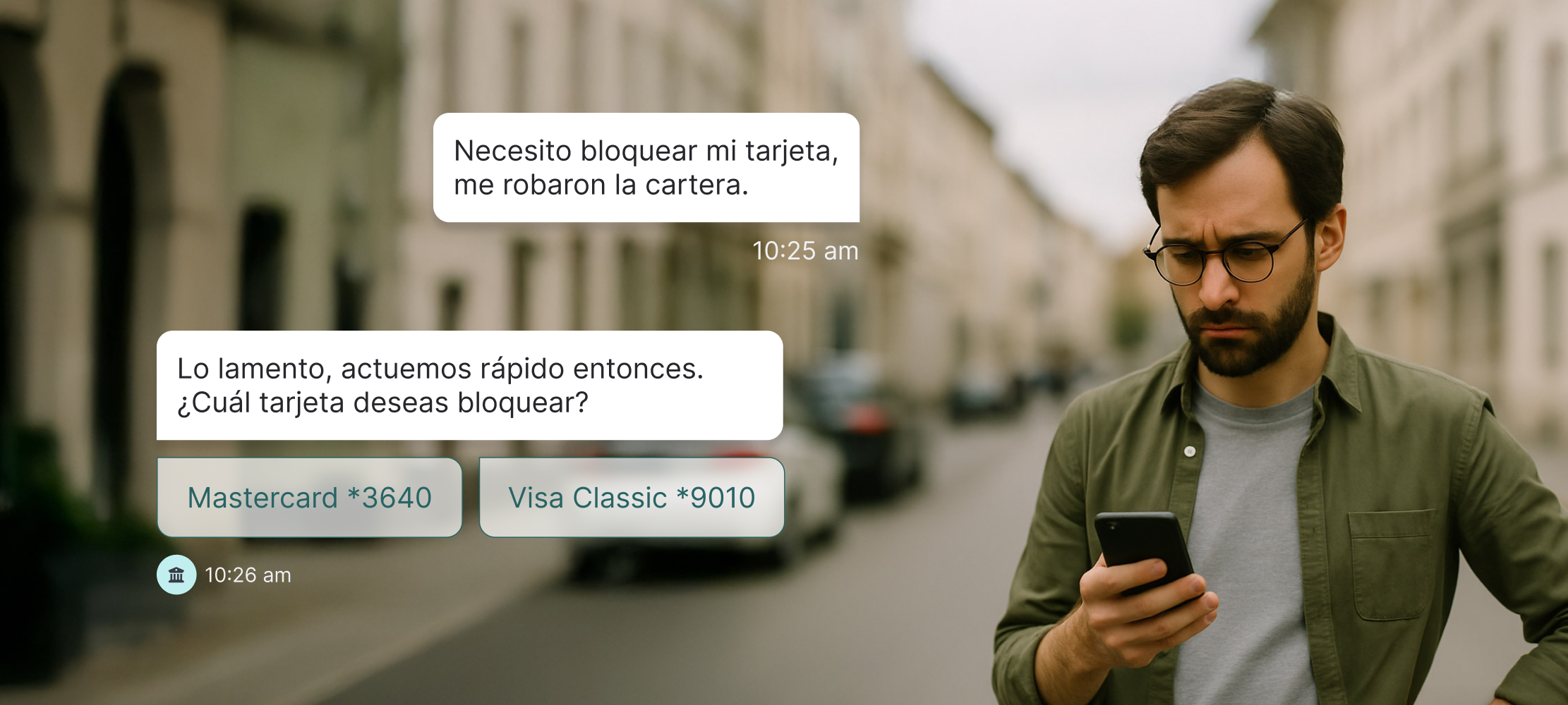 Interfaz de chat bancario mostrando la conversación para bloquear una tarjeta y dos opciones de tarjetas disponibles para seleccionar.