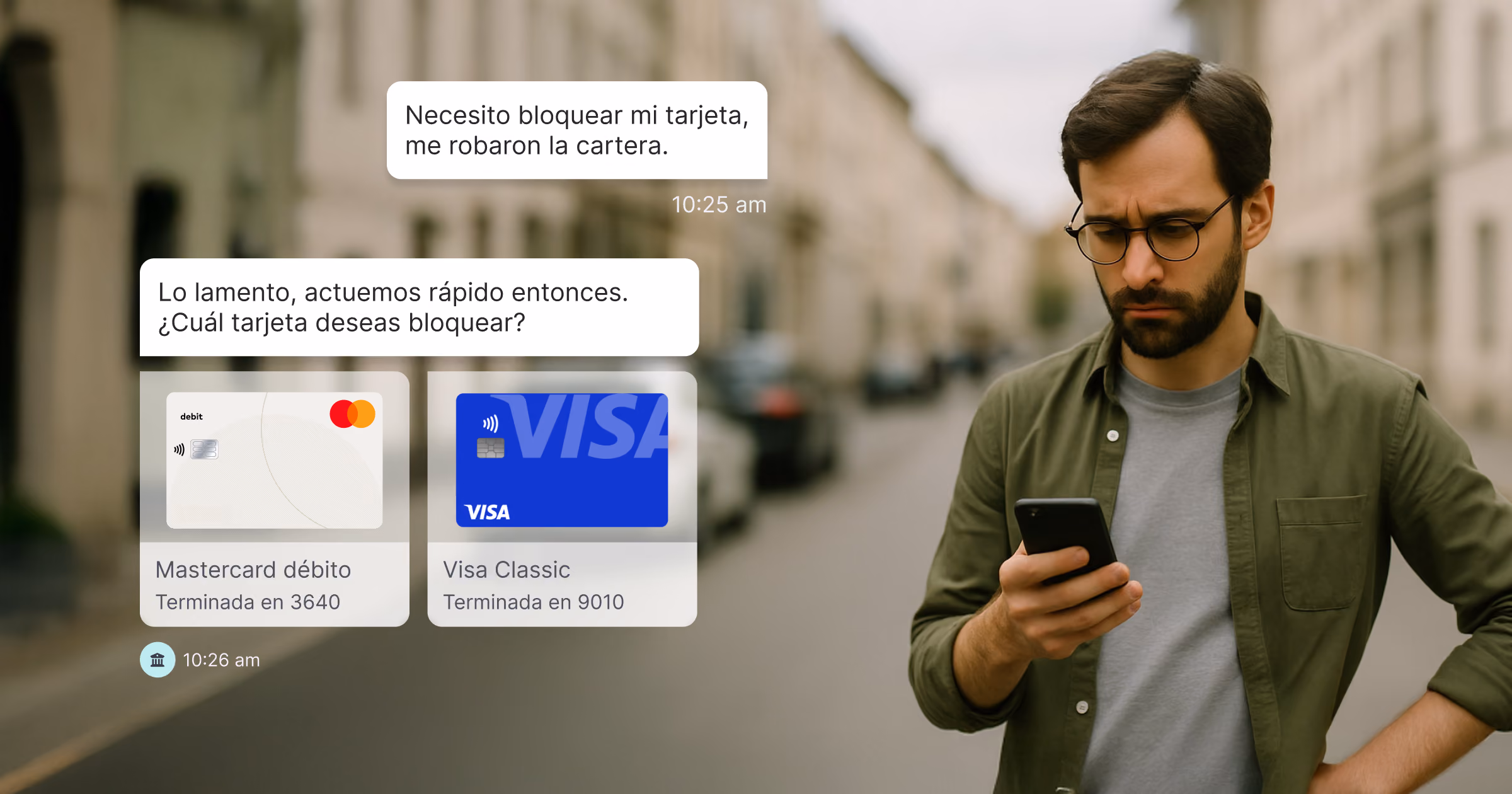 Interfaz de chat bancario mostrando la conversación para bloquear una tarjeta y dos opciones de tarjetas disponibles para seleccionar.