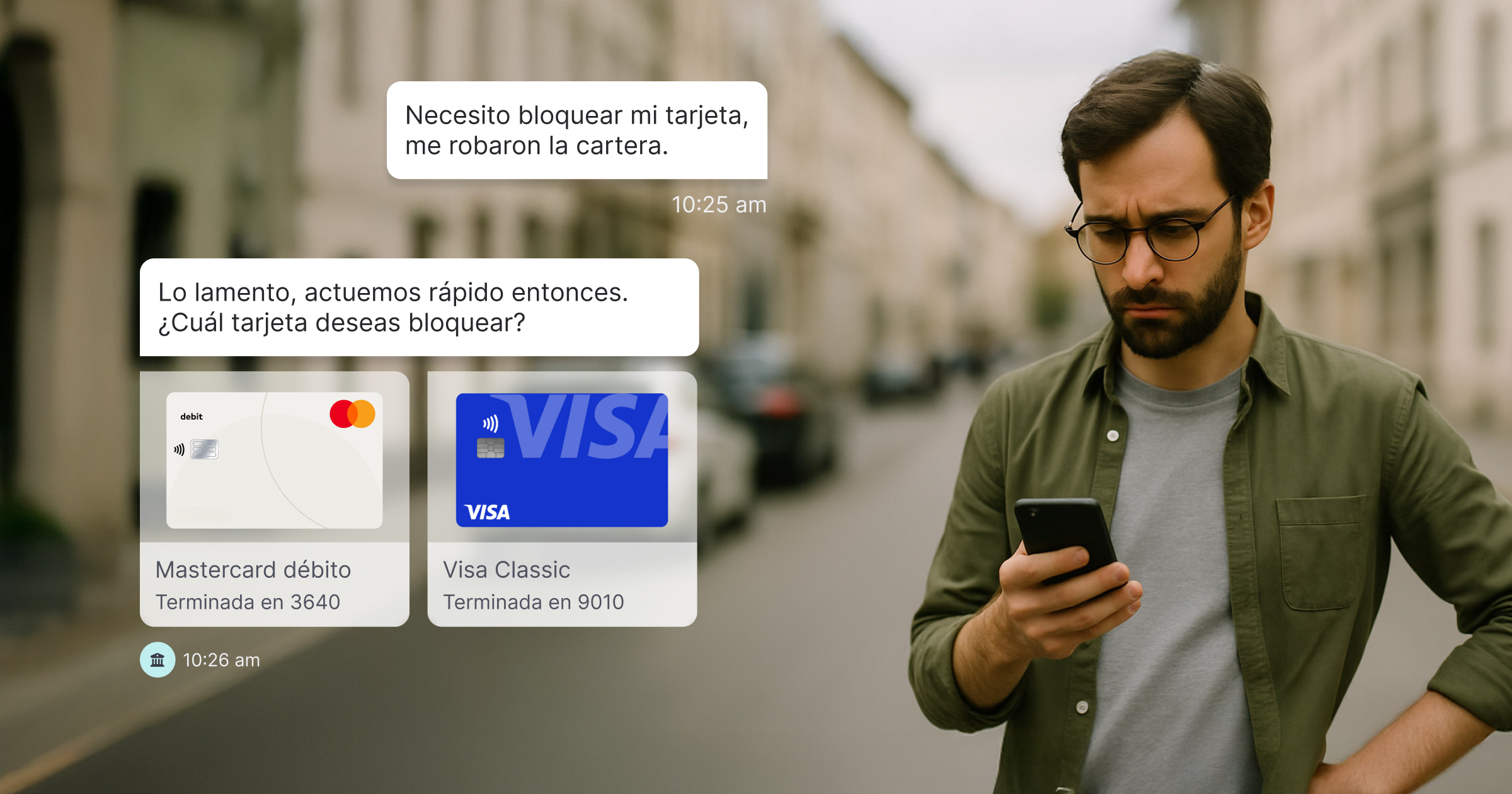 Interfaz de chat bancario mostrando la conversación para bloquear una tarjeta y dos opciones de tarjetas disponibles para seleccionar.