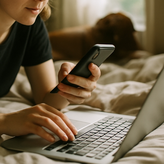Person using a smartphone while typing on a laptop in a cozy indoor setting.