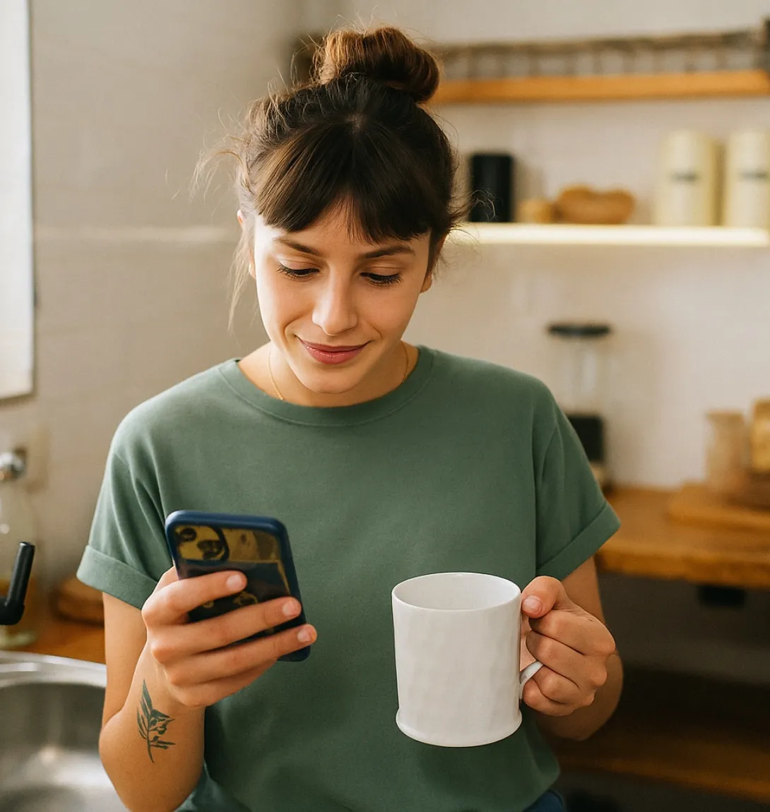 Young woman holding a mug and looking at her phone in a kitchen.