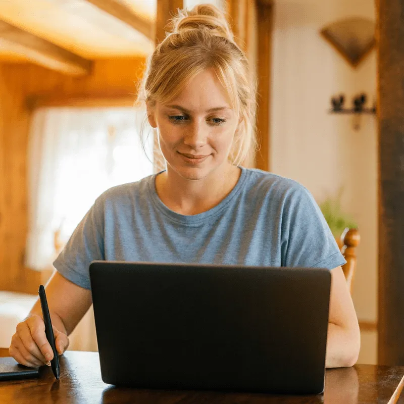 A person sitting at a table using a laptop and holding a pen in a bright room.