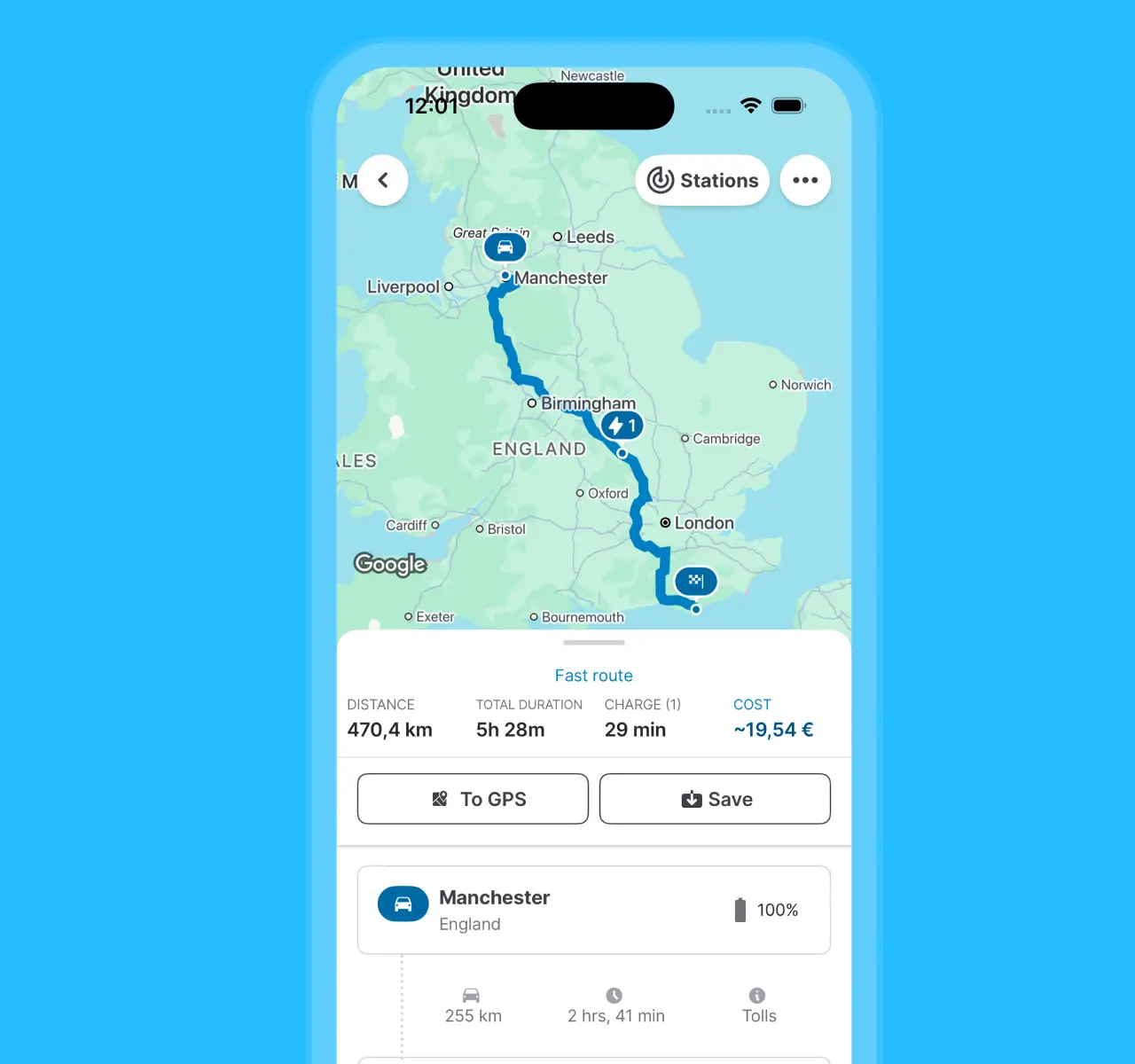 Illustration chargemap mobile app optimum route