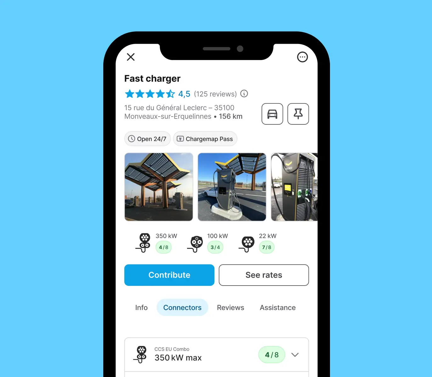 Mockup Chargemap App mobile : Check the availability of connectors in real time.
