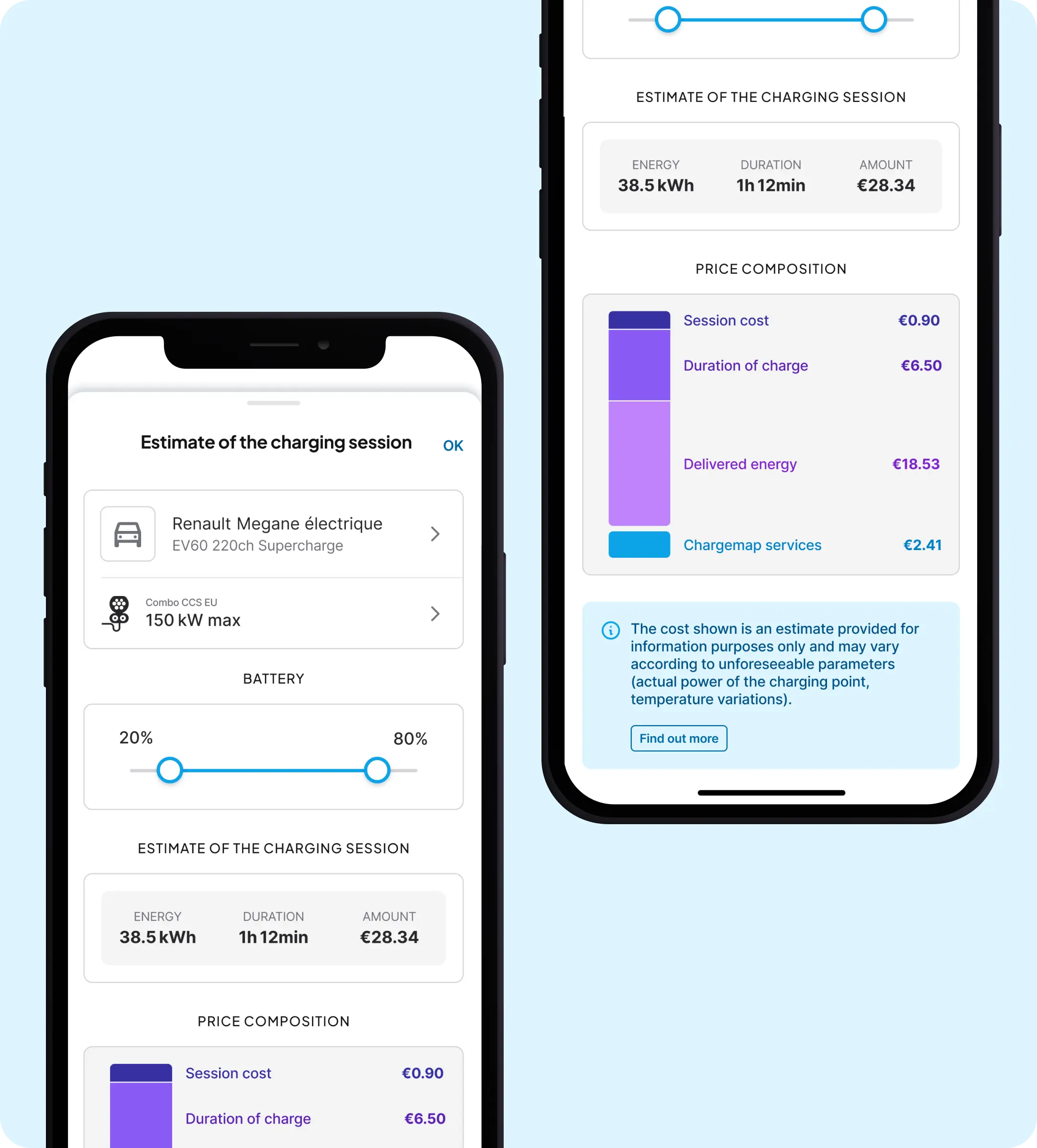 Chargemap app estimate charging session cost