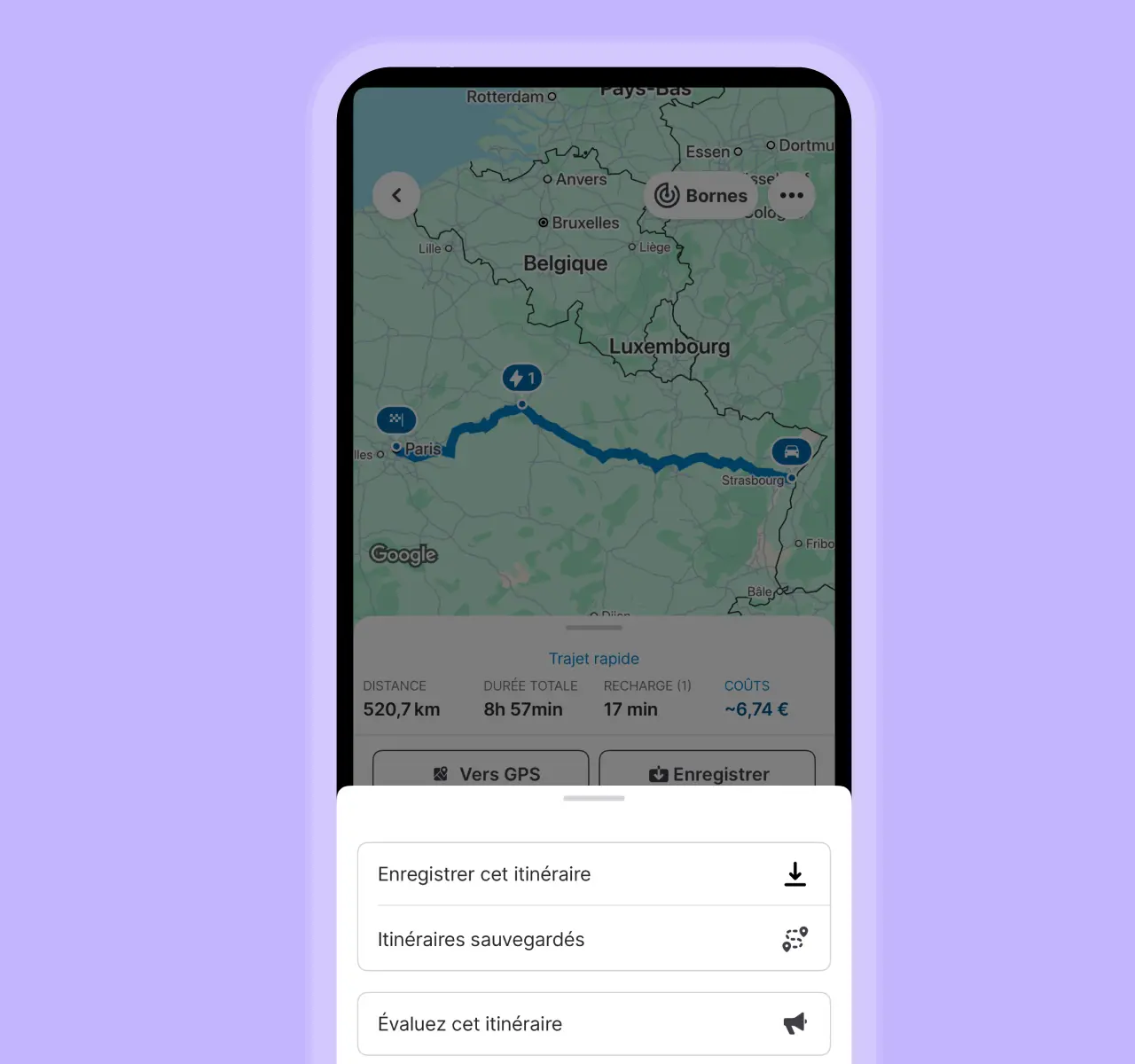 mockup chargemap planner : sauvegarde itinéraire