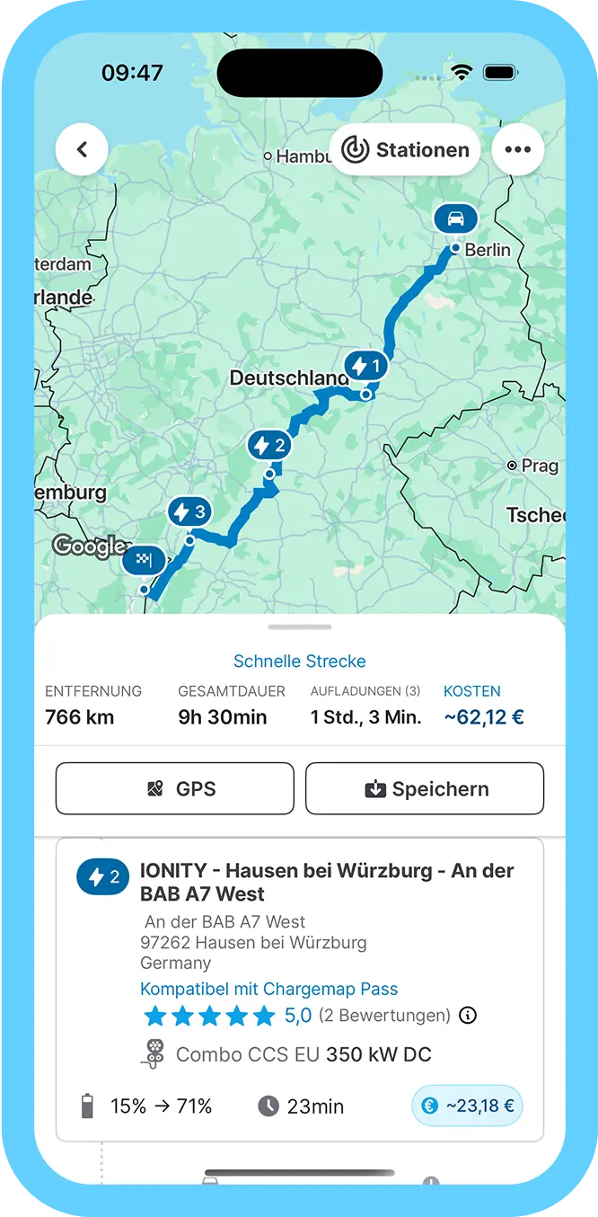 Chargemap-Routenplaner mockup