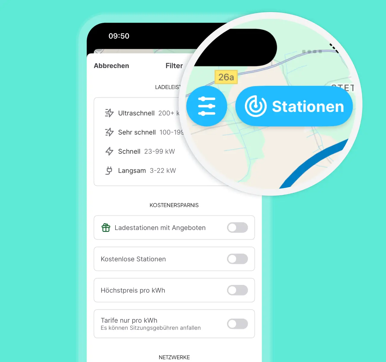 Verfeinern Sie die Suche nach alternativen Ladestationen
