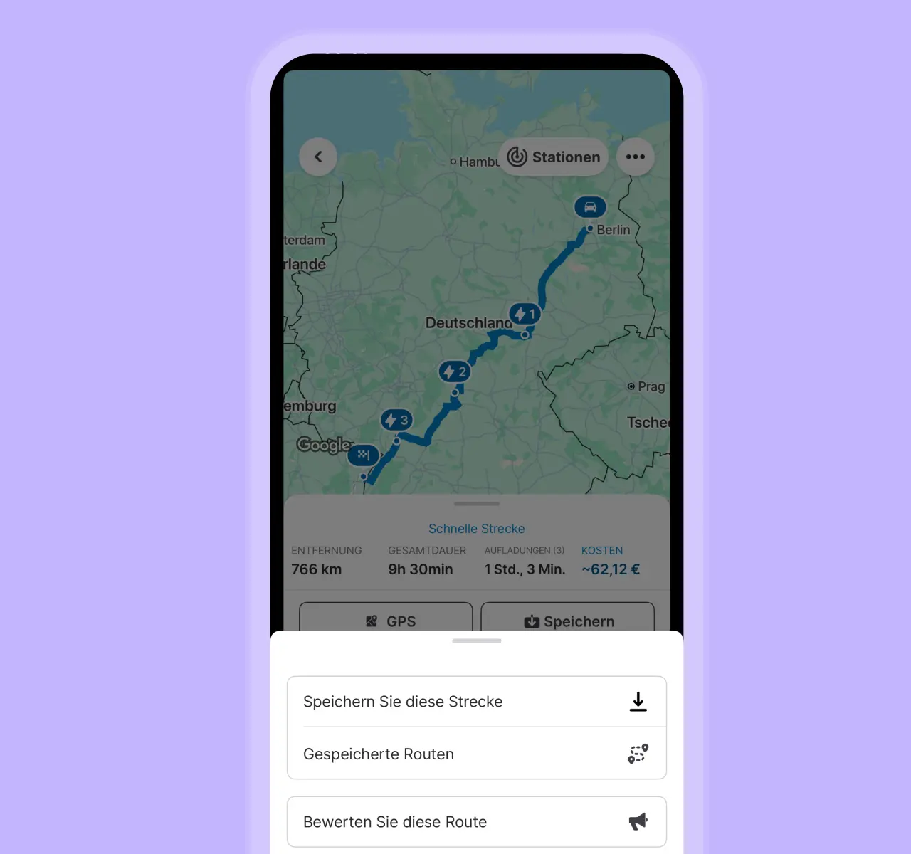 Berechnen Sie Ihre Route und kehren Sie jederzeit zu ihr zurück. Sparen Sie Zeit mit der Option, Ihre Route zu speichern.

