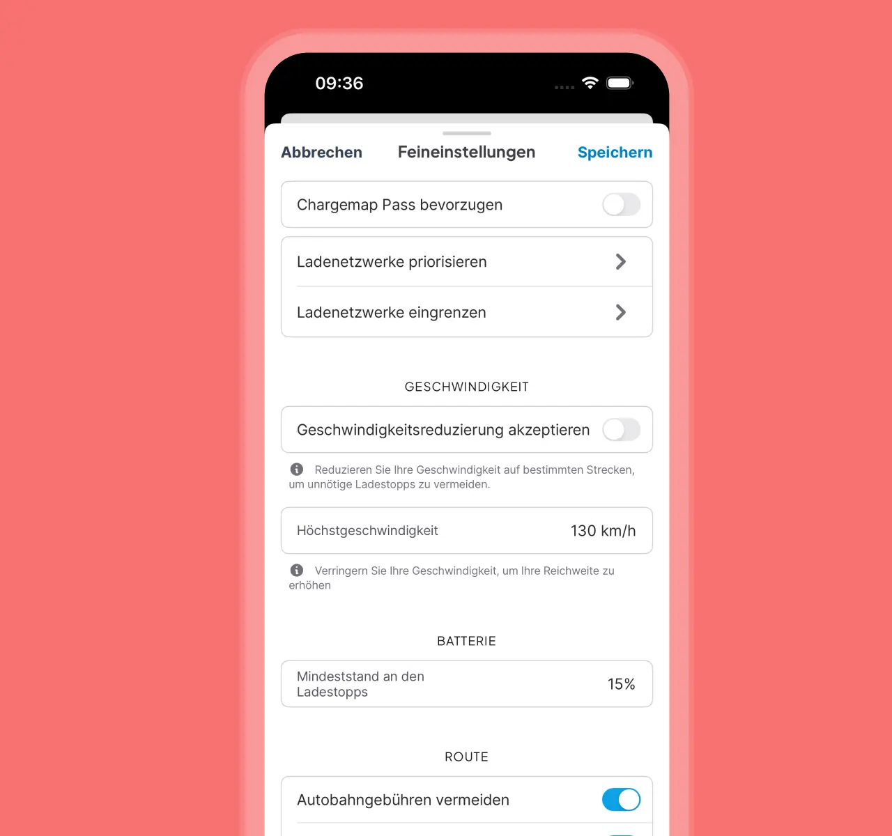 Priorisieren oder beschränken Sie ein Ladenetzwerk, vermeiden Sie Mautstellen und Autobahnen oder geben Sie eine Höchstgeschwindigkeit an, um Energie zu sparen. Der Routenplaner berücksichtigt Ihre Ladepräferenzen.

