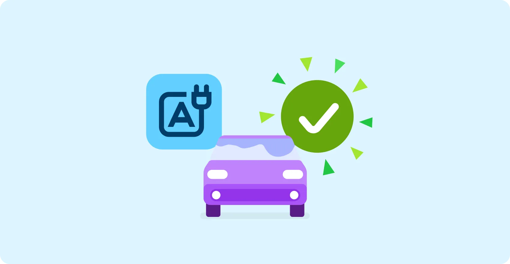 Voiture violette avec une icône de prise électrique et une coche verte indiquant l'approbation ou la recharge réussie.